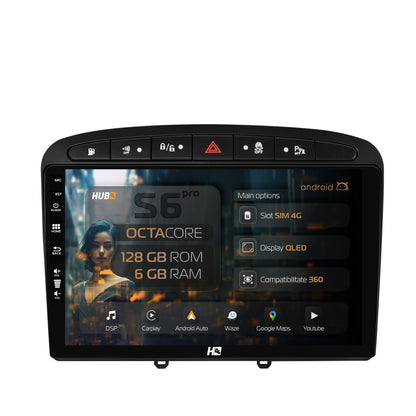 Navigatie HUB64 Peugeot 308/408 (2008-2013), 6GB RAM, Android, Octacore, Slot Sim 4G, DSP, GPS, Wi-FI, Carplay, Android Auto, USB, Bluetooth, Waze, Touchscreen, 9 Inch