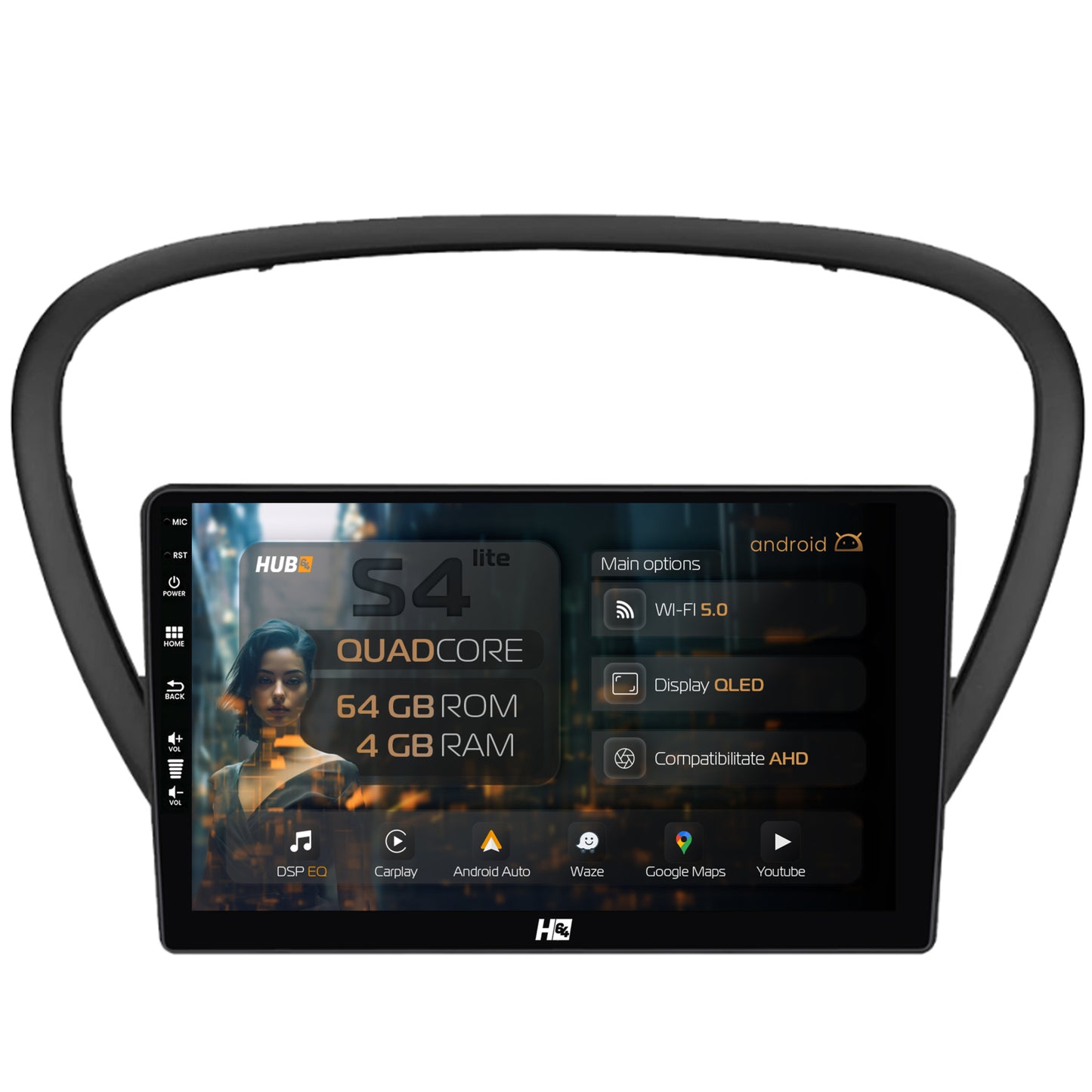 Navigatie HUB64 Peugeot 607 (2004-2011), 4GB RAM, Android, Quadcore, DSP, GPS, Wi-FI, Carplay, Android Auto, USB, Bluetooth, Waze, Touchscreen, 9 inch