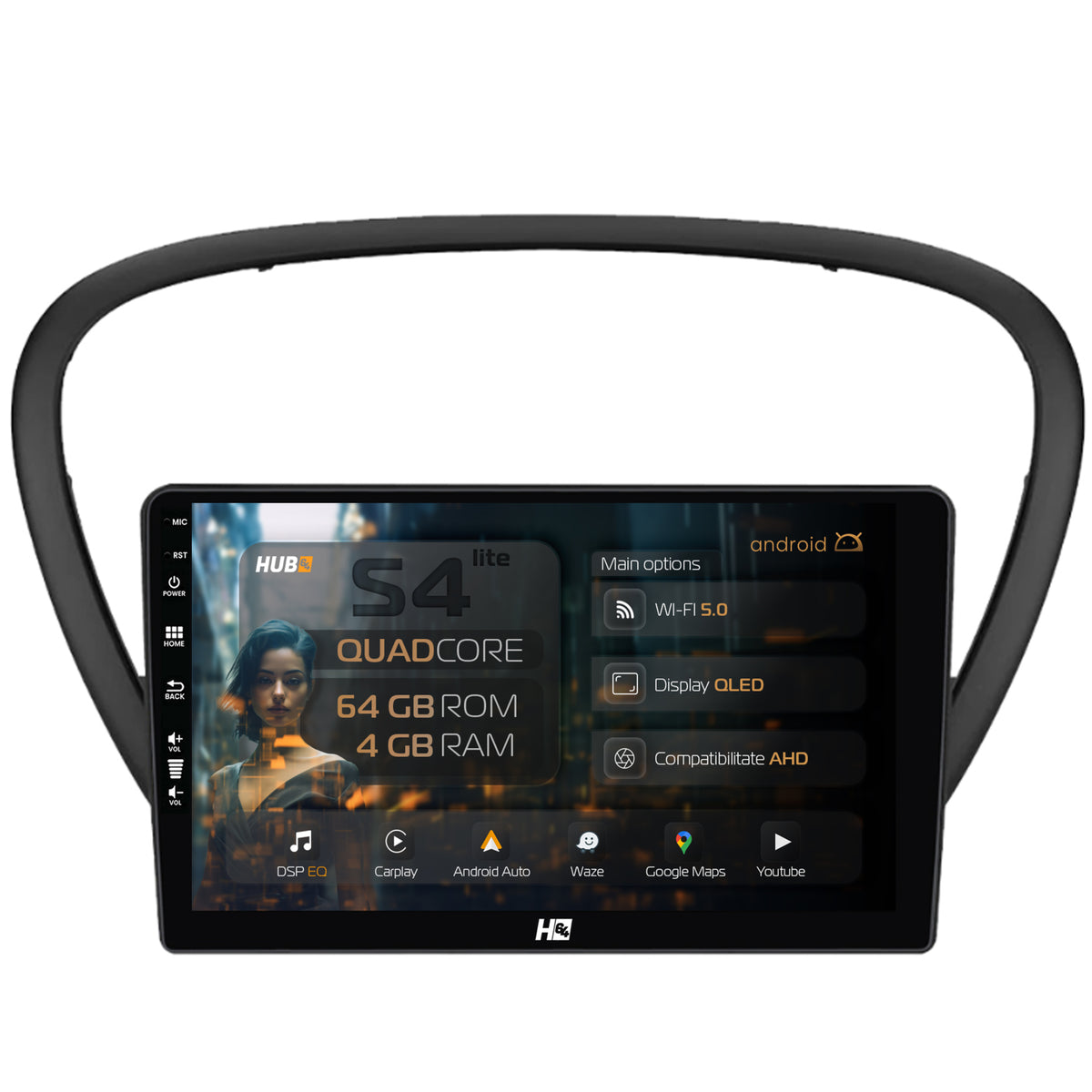 Navigatie HUB64 Peugeot 607 (2004-2011), 4GB RAM, Android, Quadcore, DSP, GPS, Wi-FI, Carplay, Android Auto, USB, Bluetooth, Waze, Touchscreen, 9 inch