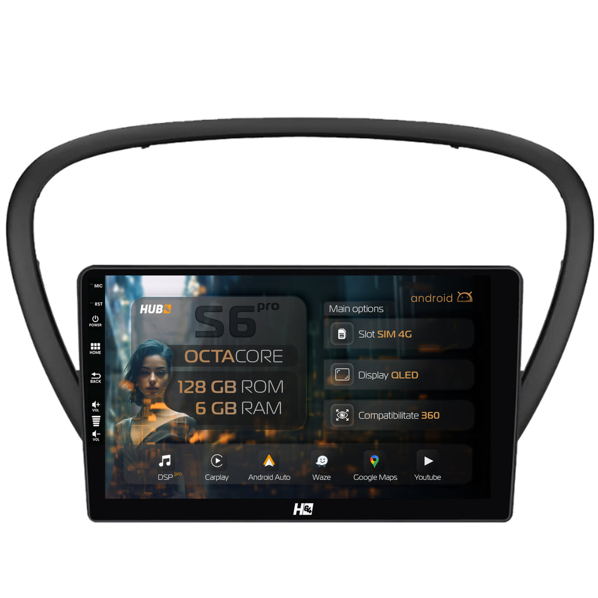 Navigatie HUB64 Peugeot 607 (2004-2011), 6GB RAM, Android, Octacore, Slot Sim 4G, DSP, GPS, Wi-FI, Carplay, Android Auto, USB, Bluetooth, Waze, Touchscreen, 9 Inch