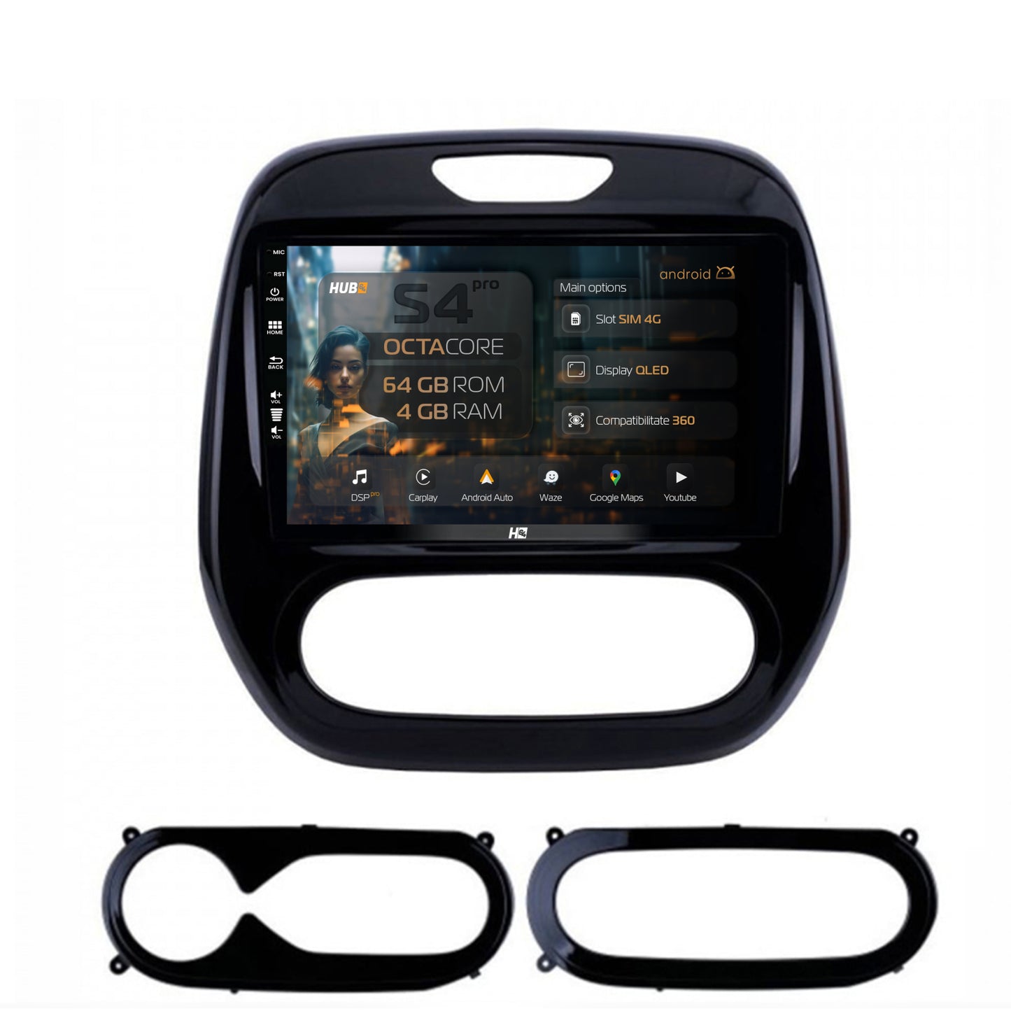 Navigatie HUB64 Renault Captur (2013-2019), 4GB RAM, Android, Octacore, Slot Sim 4G, DSP, GPS, Wi-FI, Carplay, Android Auto, USB, Bluetooth, Waze, Touchscreen, 9 inch