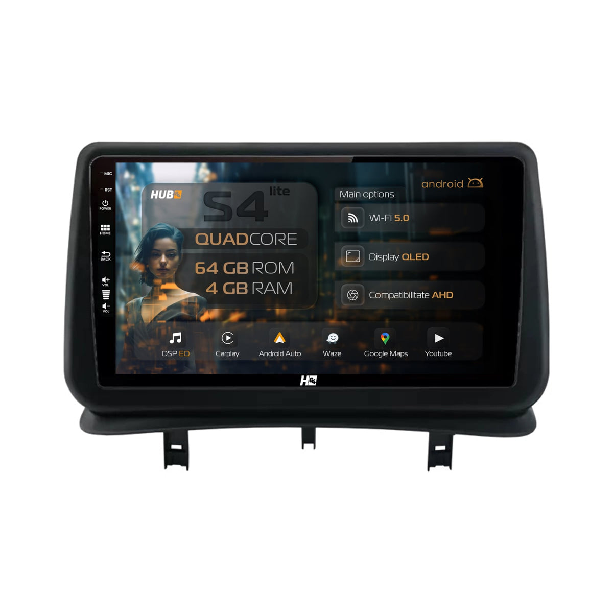 Navigatie HUB64 Renault Clio 3 (2005-2013), 4GB RAM, Android, Quadcore, DSP, GPS, Wi-FI, Carplay, Android Auto, USB, Bluetooth, Waze, Touchscreen, 9 inch