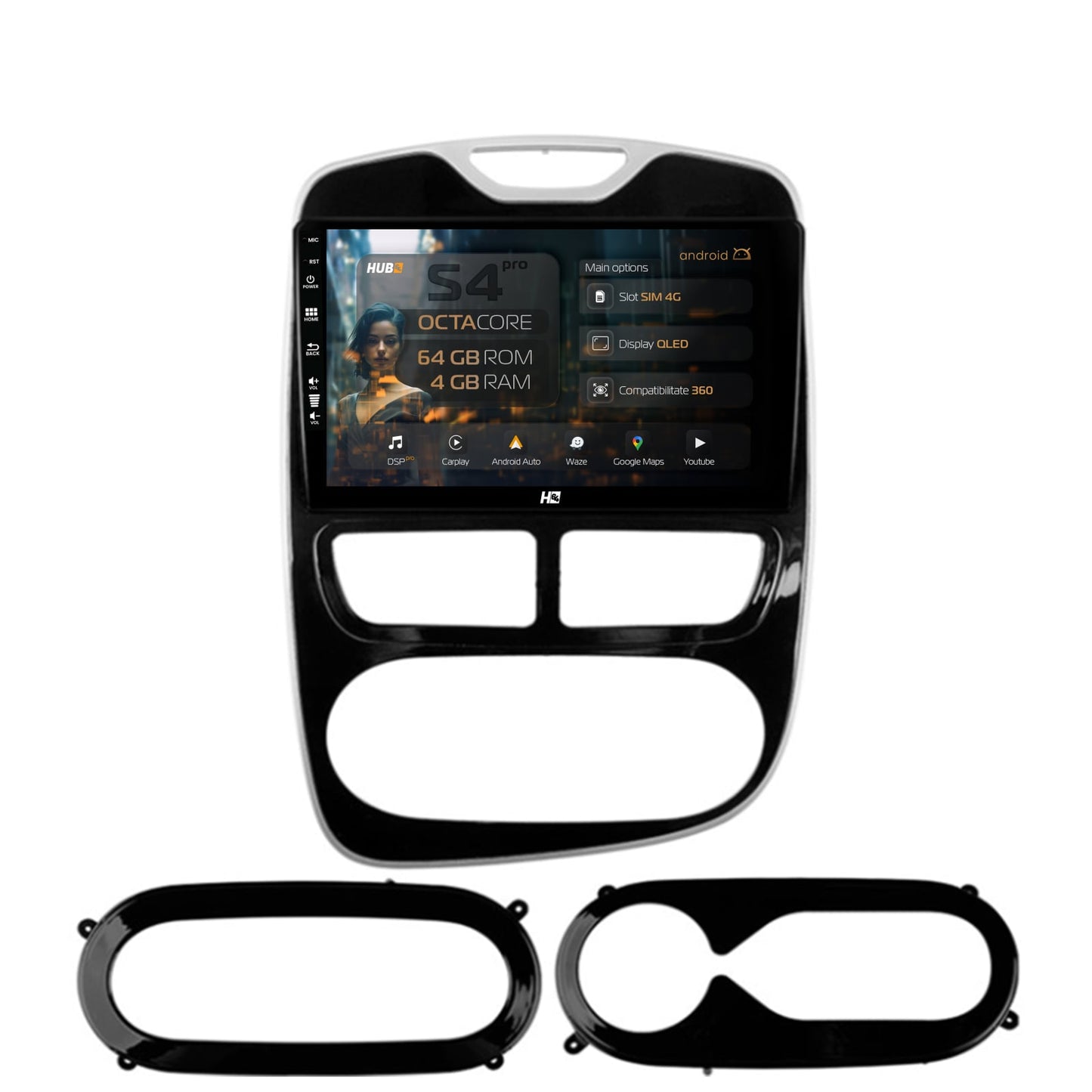 Navigatie HUB64 Renault Clio IV (2012-2016), 4GB RAM, Android, Octacore, Slot Sim 4G, DSP, GPS, Wi-FI, Carplay, Android Auto, USB, Bluetooth, Waze, Touchscreen, 9 Inch