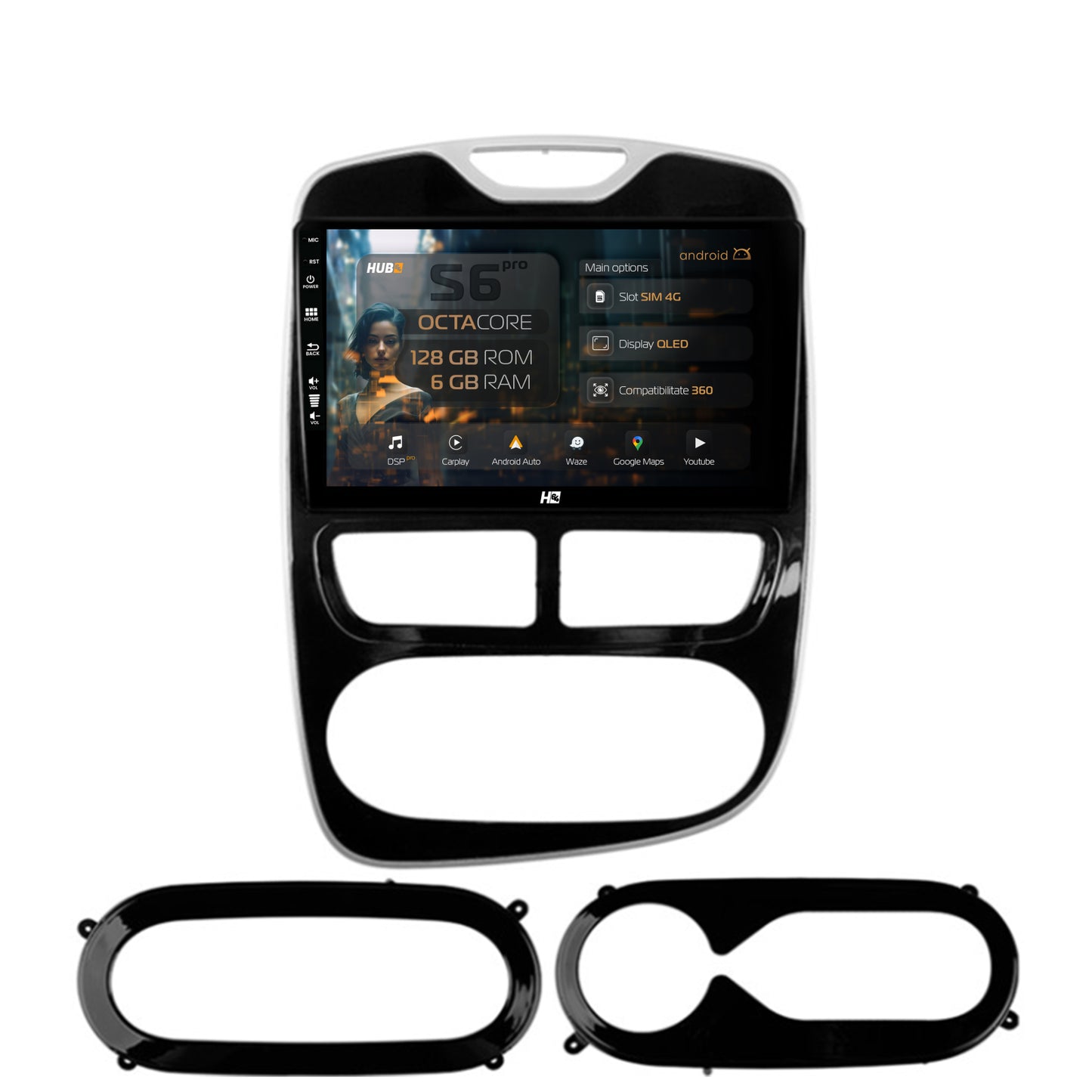 Navigatie HUB64 Renault Clio IV (2012-2016), 6GB RAM, Android, Octacore, Slot Sim 4G, DSP, GPS, Wi-FI, Carplay, Android Auto, USB, Bluetooth, Waze, Touchscreen, 9 Inch
