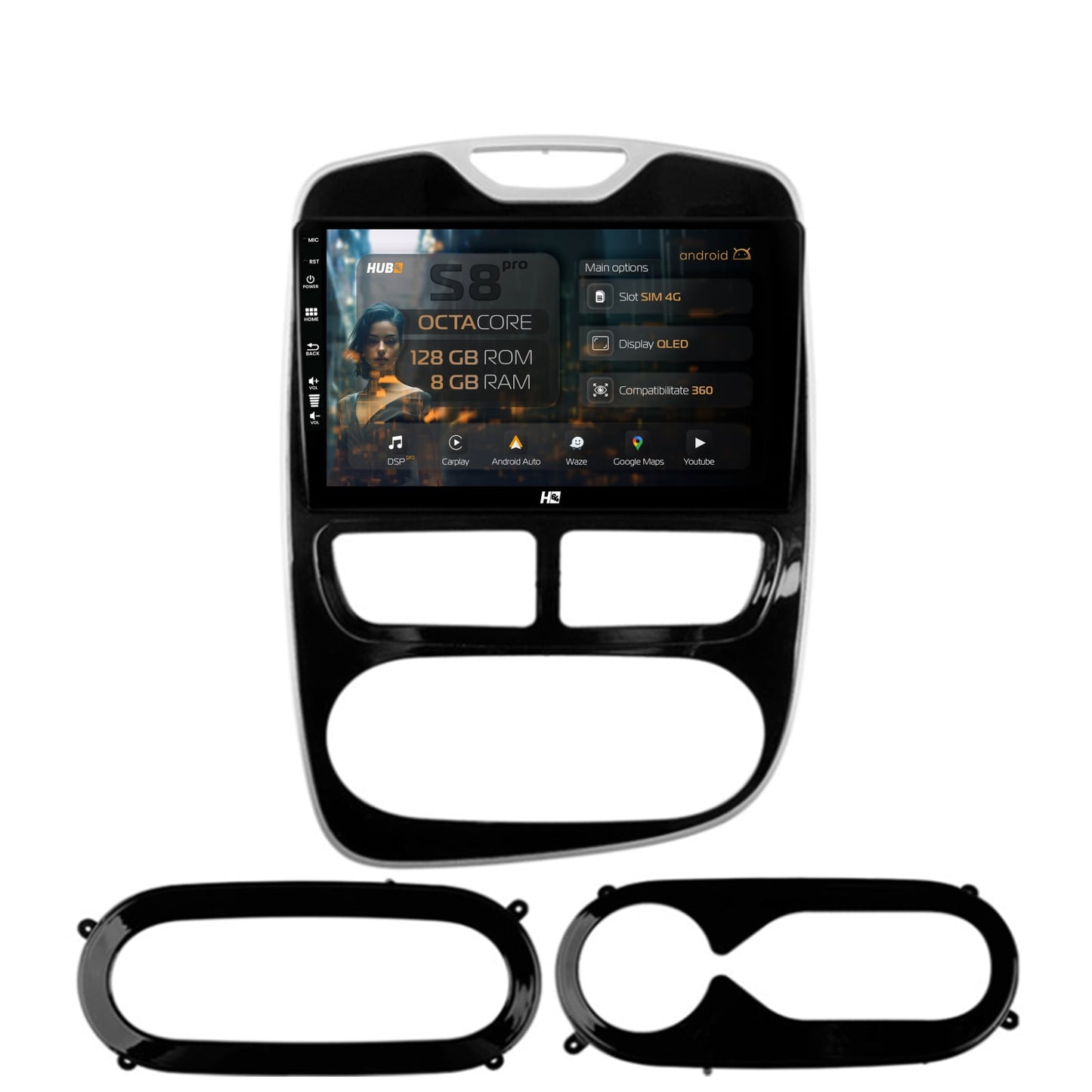 Navigatie HUB64 Renault Clio IV (2012-2016), 8GB RAM, Android, Octacore, Slot Sim 4G, DSP, GPS, Wi-FI, Carplay, Android Auto, USB, Bluetooth, Waze, Touchscreen, 9 Inch