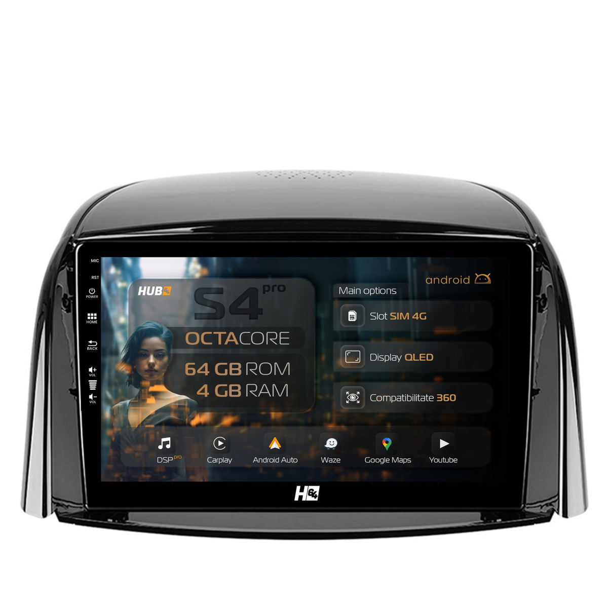 Navigatie HUB64 Renault Koleos (2009-2016), 4GB RAM, Android, Octacore, Slot Sim 4G, DSP, GPS, Wi-FI, Carplay, Android Auto, USB, Bluetooth, Waze, Touchscreen, 9 inch