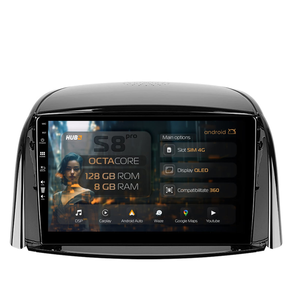 Navigatie HUB64 Renault Koleos (2009-2016), 8GB RAM, Android, Octacore, Slot Sim 4G, DSP, GPS, Wi-FI, Carplay, Android Auto, USB, Bluetooth, Waze, Touchscreen, 9 Inch