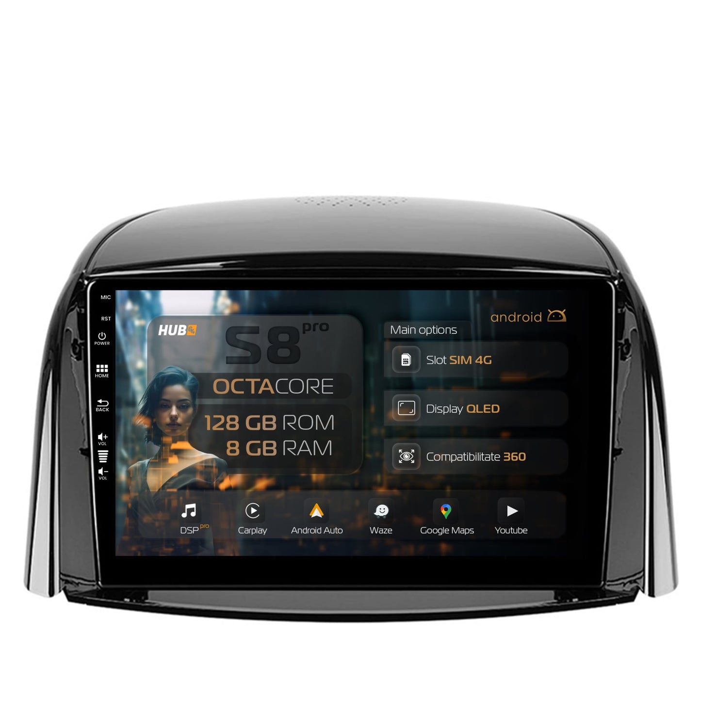 Navigatie HUB64 Renault Koleos (2009-2016), 8GB RAM, Android, Octacore, Slot Sim 4G, DSP, GPS, Wi-FI, Carplay, Android Auto, USB, Bluetooth, Waze, Touchscreen, 9 Inch