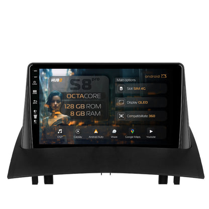 Navigatie HUB64 Renault Megane 2 (2002-2009), 8GB RAM, Android, Octacore, Slot Sim 4G, DSP, GPS, Wi-FI, Carplay, Android Auto, USB, Bluetooth, Waze, Touchscreen, 9 Inch