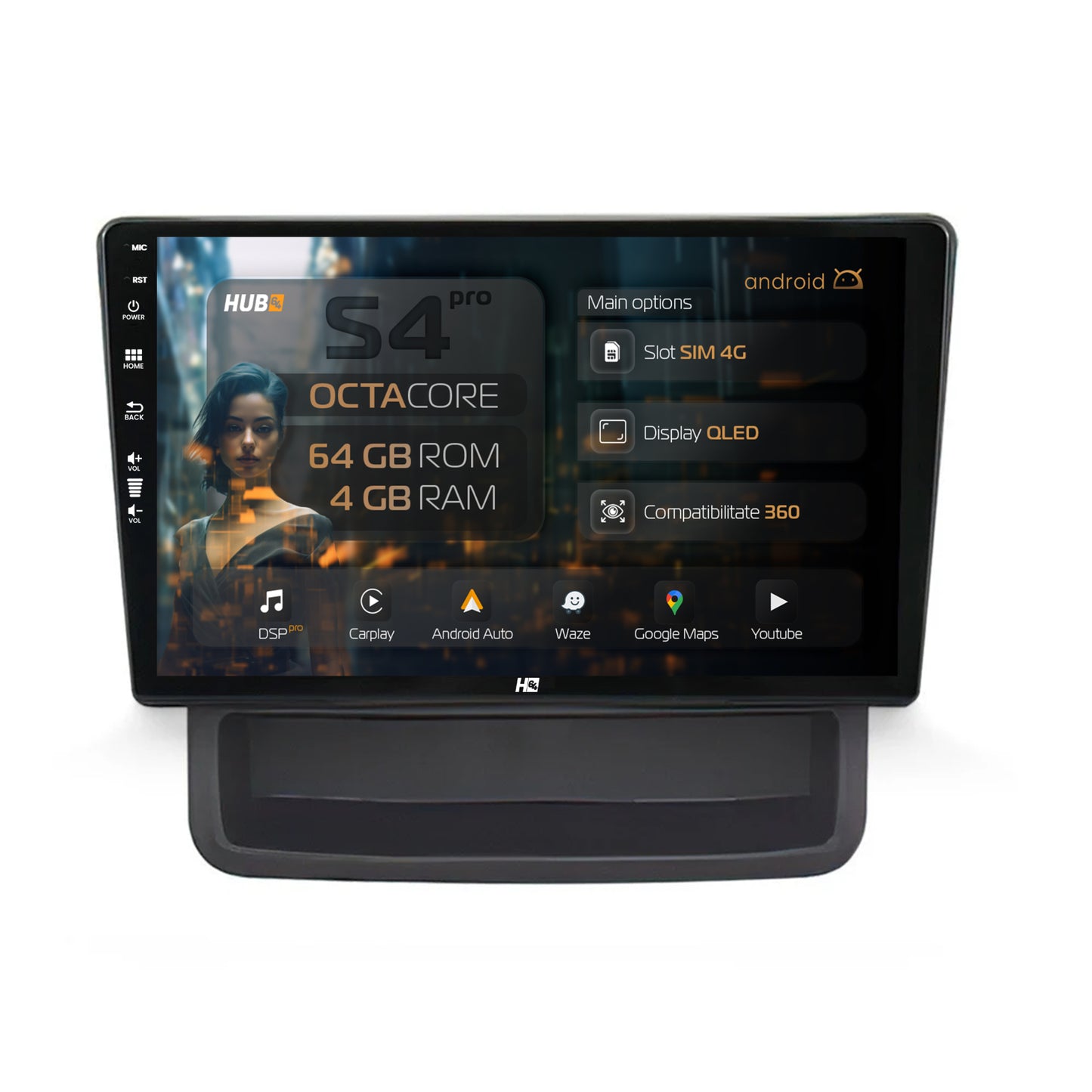 Navigatie HUB64 Renault Trafic / Opel Vivaro (2010-2014), 4GB RAM, Android, Octacore, Slot Sim 4G, DSP, GPS, Wi-FI, Carplay, Android Auto, USB, Bluetooth, Waze, Touchscreen, 10 inch
