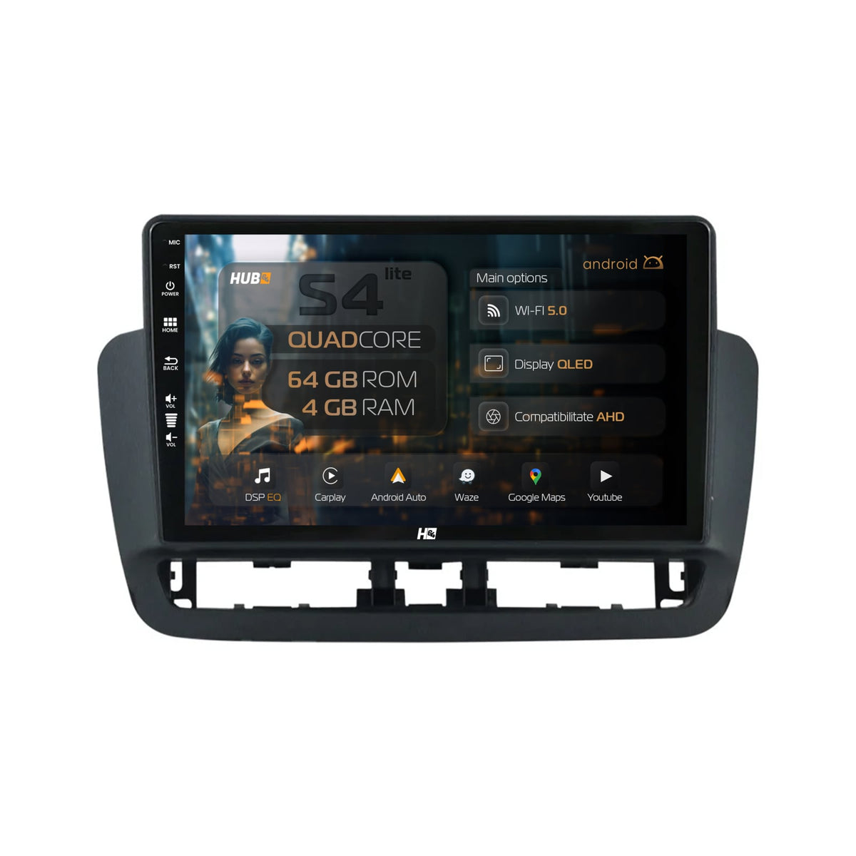 Navigatie HUB64 Seat Ibiza IV (2014-2017), 4GB RAM, Android, Quadcore, DSP, GPS, Wi-FI, Carplay, Android Auto, USB, Bluetooth, Waze, Touchscreen, 9 inch