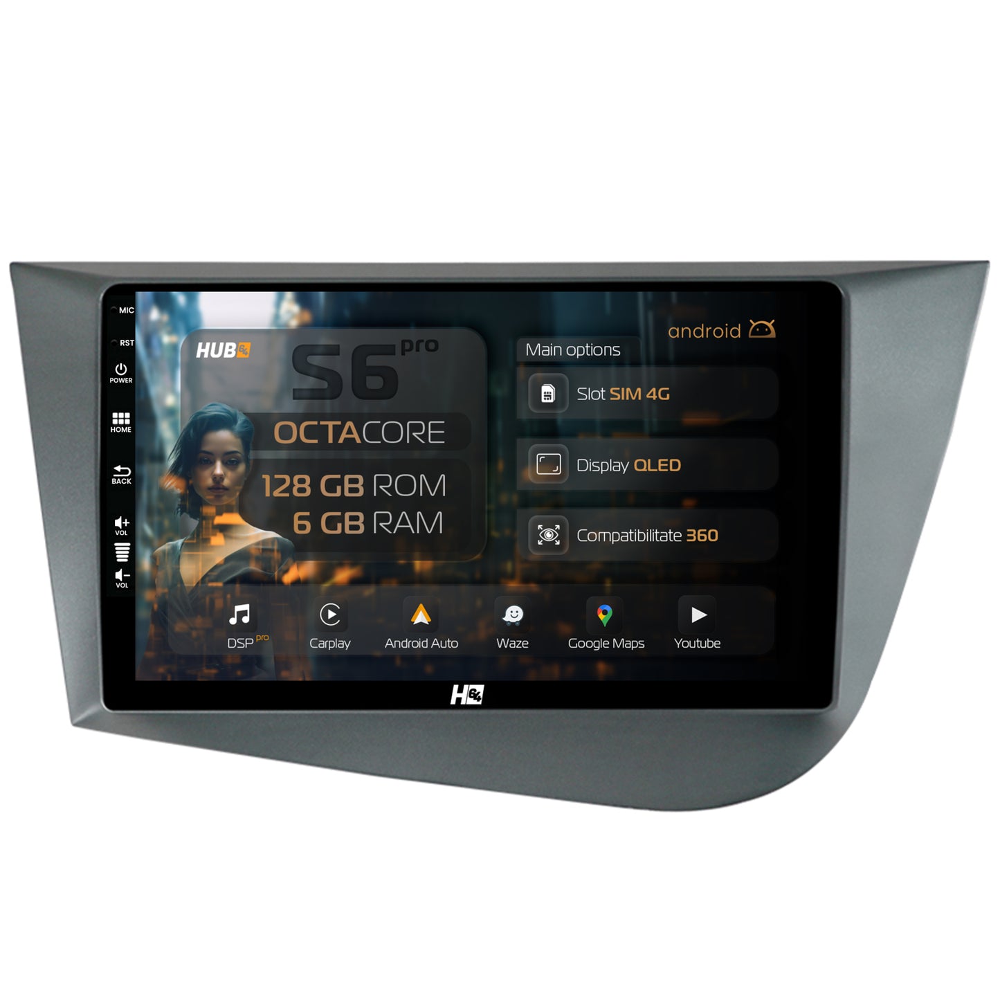 Navigatie HUB64 Seat Leon (2005-2012), 6GB RAM, Android, Octacore, Slot Sim 4G, DSP, GPS, Wi-FI, Carplay, Android Auto, USB, Bluetooth, Waze, Touchscreen, 9 Inch