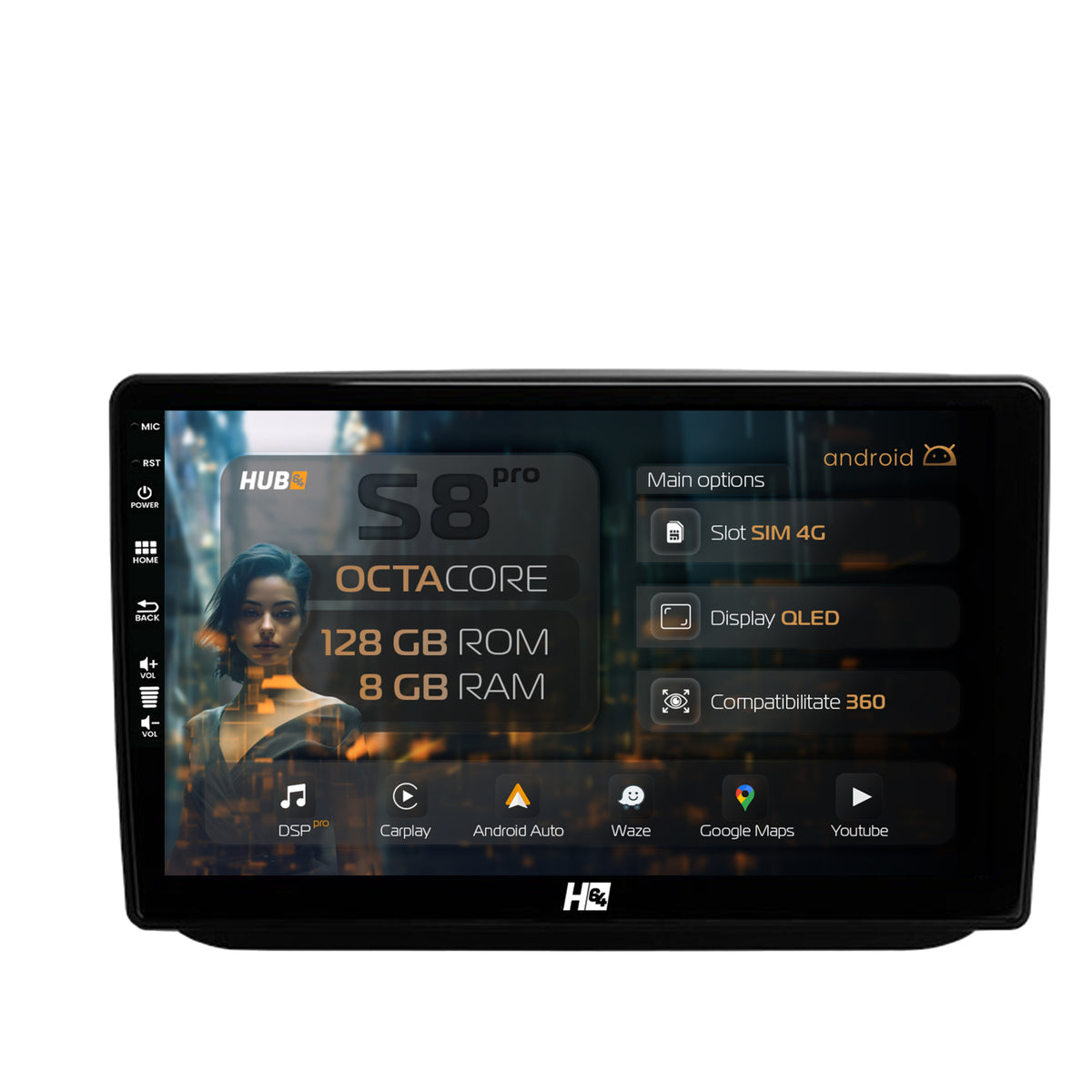 Navigatie HUB64 Skoda Fabia (2007-2014), 8GB RAM, Android, Octacore, Slot Sim 4G, DSP, GPS, Wi-FI, Carplay, Android Auto, USB, Bluetooth, Waze, Touchscreen, 10.1 Inch