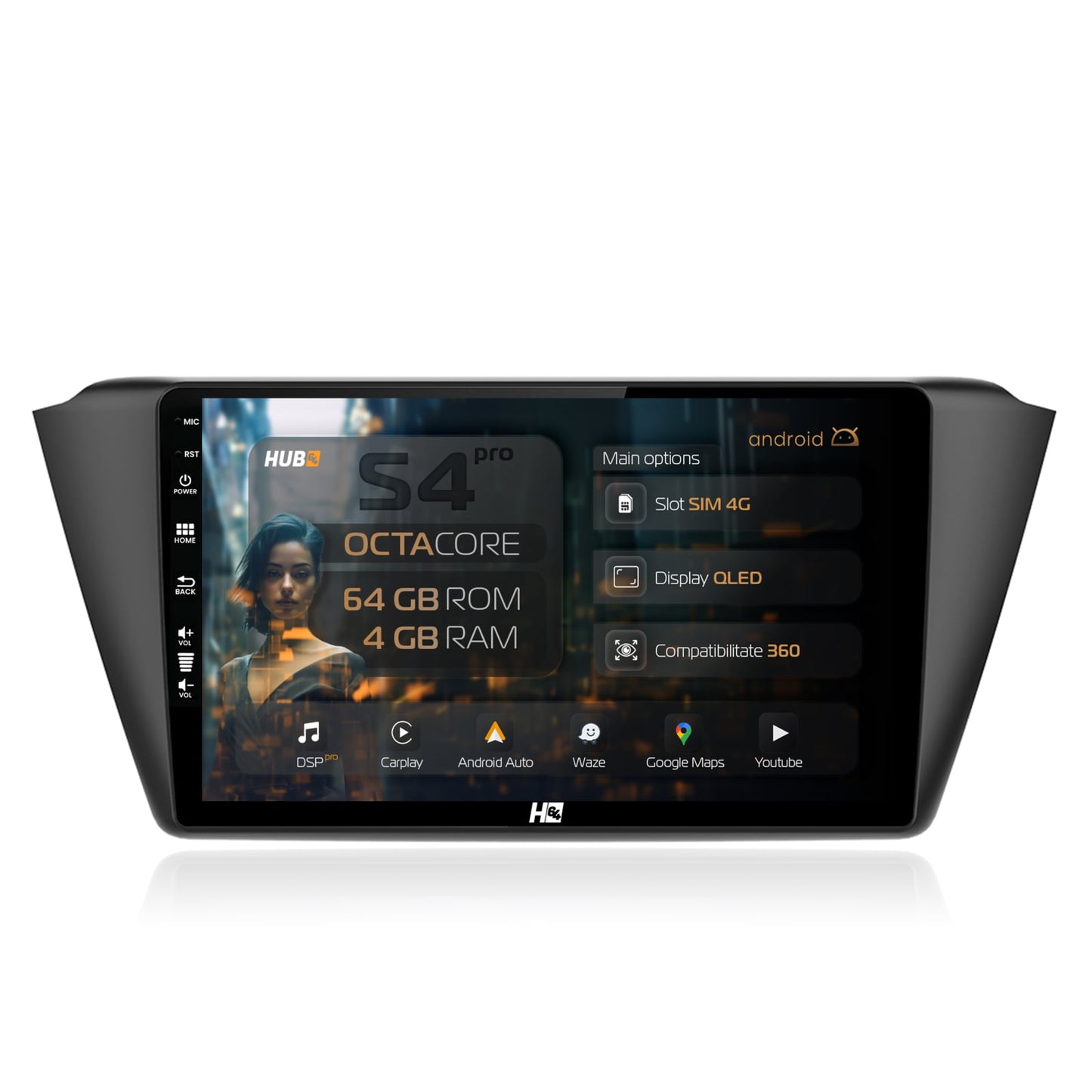 Navigatie HUB64 Skoda Fabia (2015+), 4GB RAM, Android, Octacore, Slot Sim 4G, DSP, GPS, Wi-FI, Carplay, Android Auto, USB, Bluetooth, Waze, Touchscreen, 9 inch