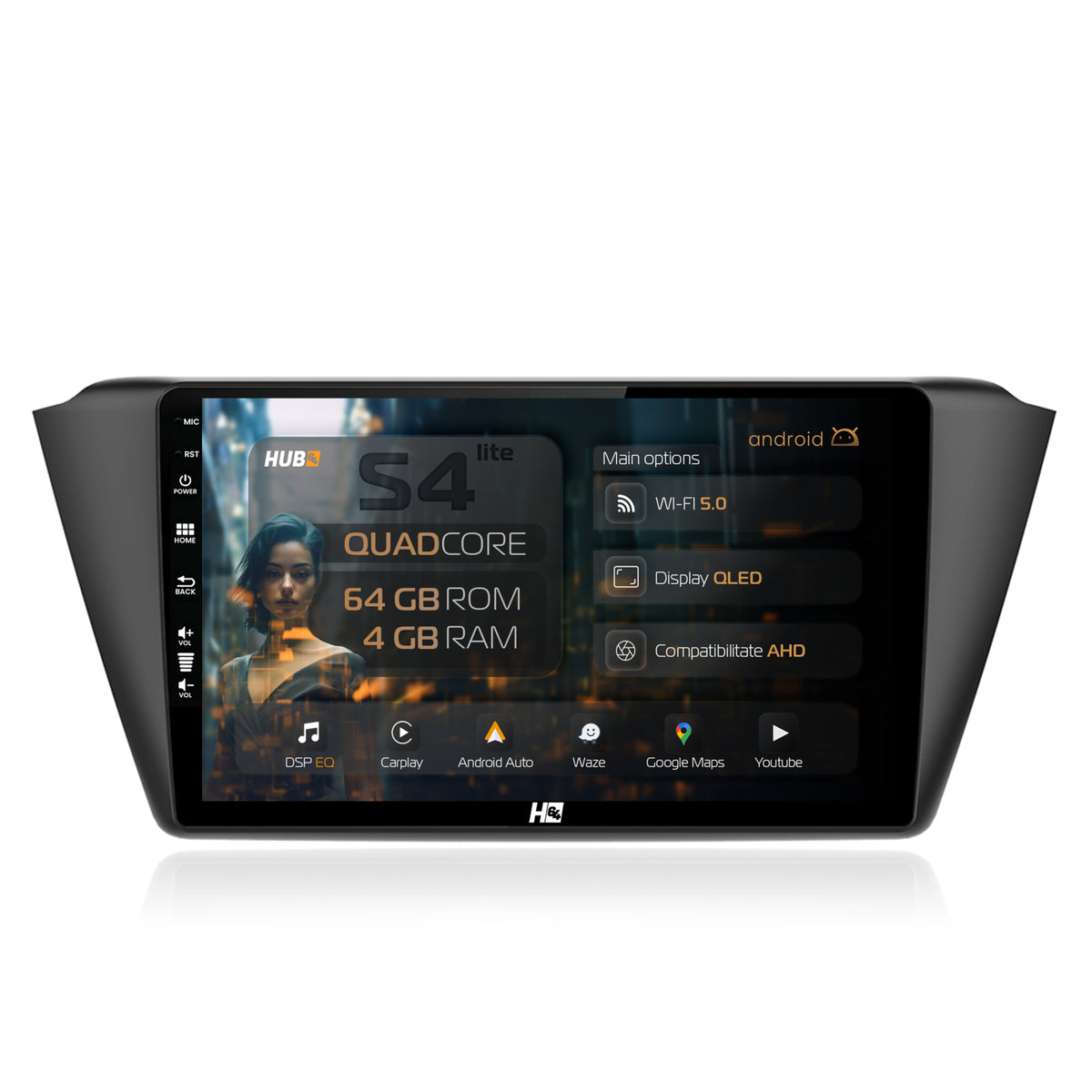 Navigatie HUB64 Skoda Fabia (2015+), 4GB RAM, Android, Quadcore, DSP, GPS, Wi-FI, Carplay, Android Auto, USB, Bluetooth, Waze, Touchscreen, 9 inch