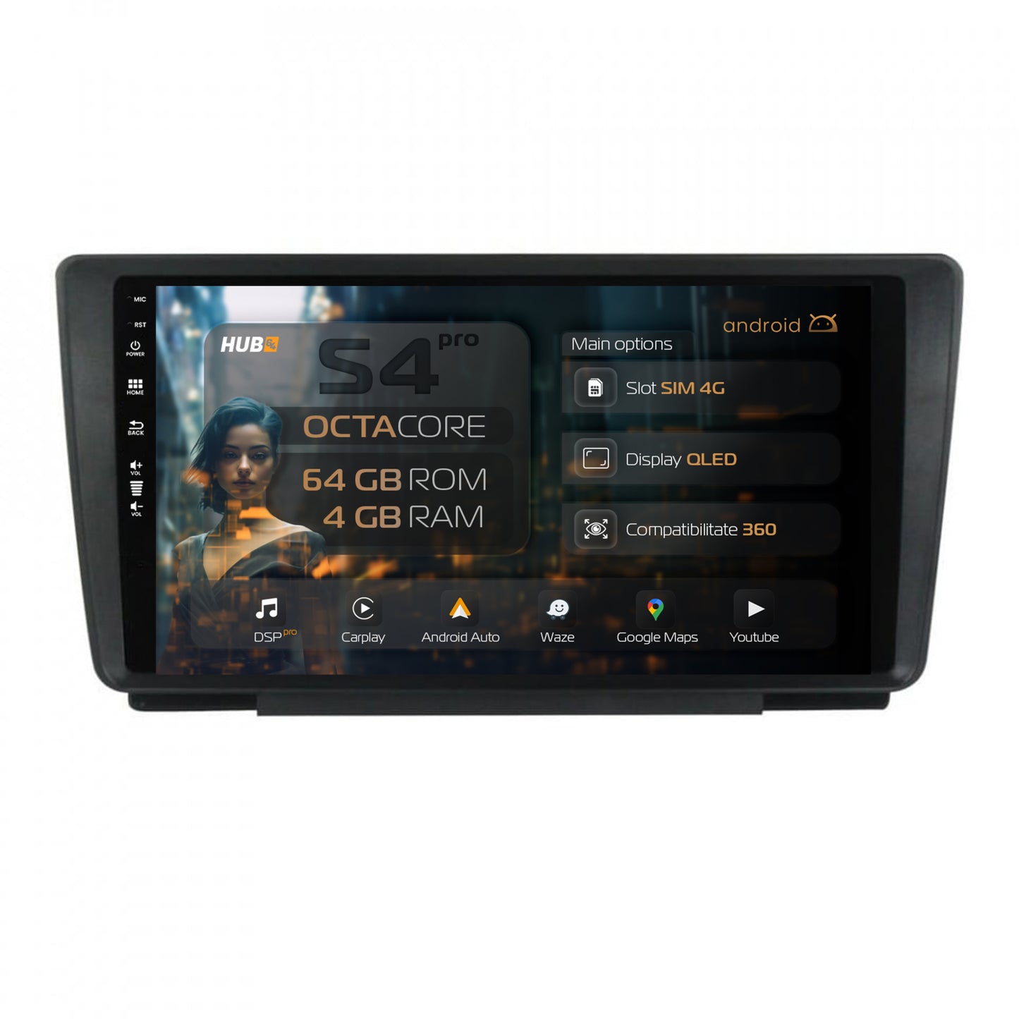 Navigatie HUB64 Skoda Octavia 2, 4GB RAM, Android, Octacore, Slot Sim 4G, DSP, GPS, Wi-FI, Carplay, Android Auto, USB, Bluetooth, Waze, Touchscreen, 9 Inch