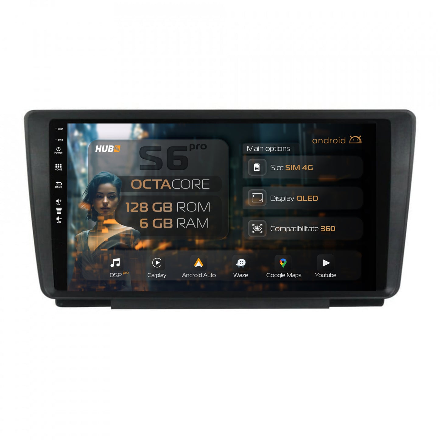 Navigatie HUB64 Skoda Octavia 2, 6GB RAM, Android, Octacore, Slot Sim 4G, DSP, GPS, Wi-FI, Carplay, Android Auto, USB, Bluetooth, Waze, Touchscreen, 9 Inch