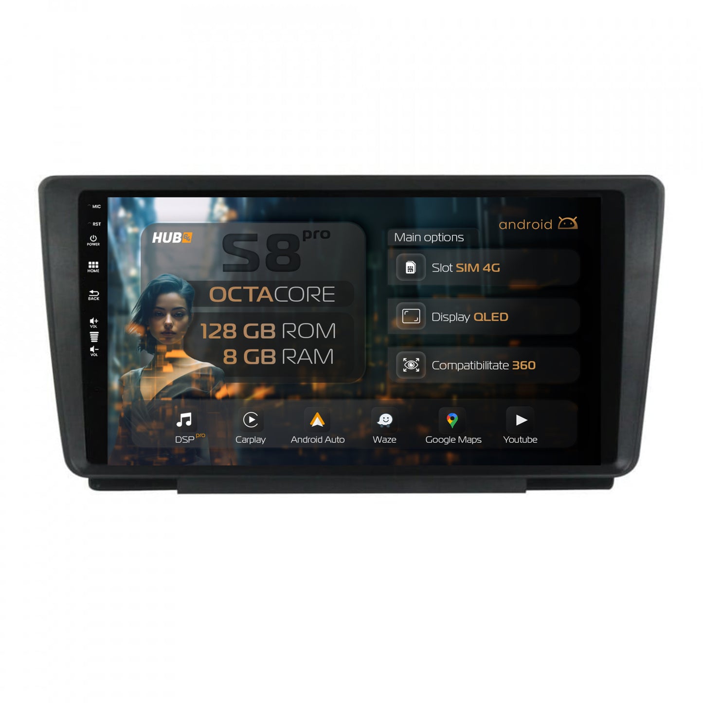 Navigatie HUB64 Skoda Octavia 2, 8GB RAM, Android, Octacore, Slot Sim 4G, DSP, GPS, Wi-FI, Carplay, Android Auto, USB, Bluetooth, Waze, Touchscreen, 9 Inch
