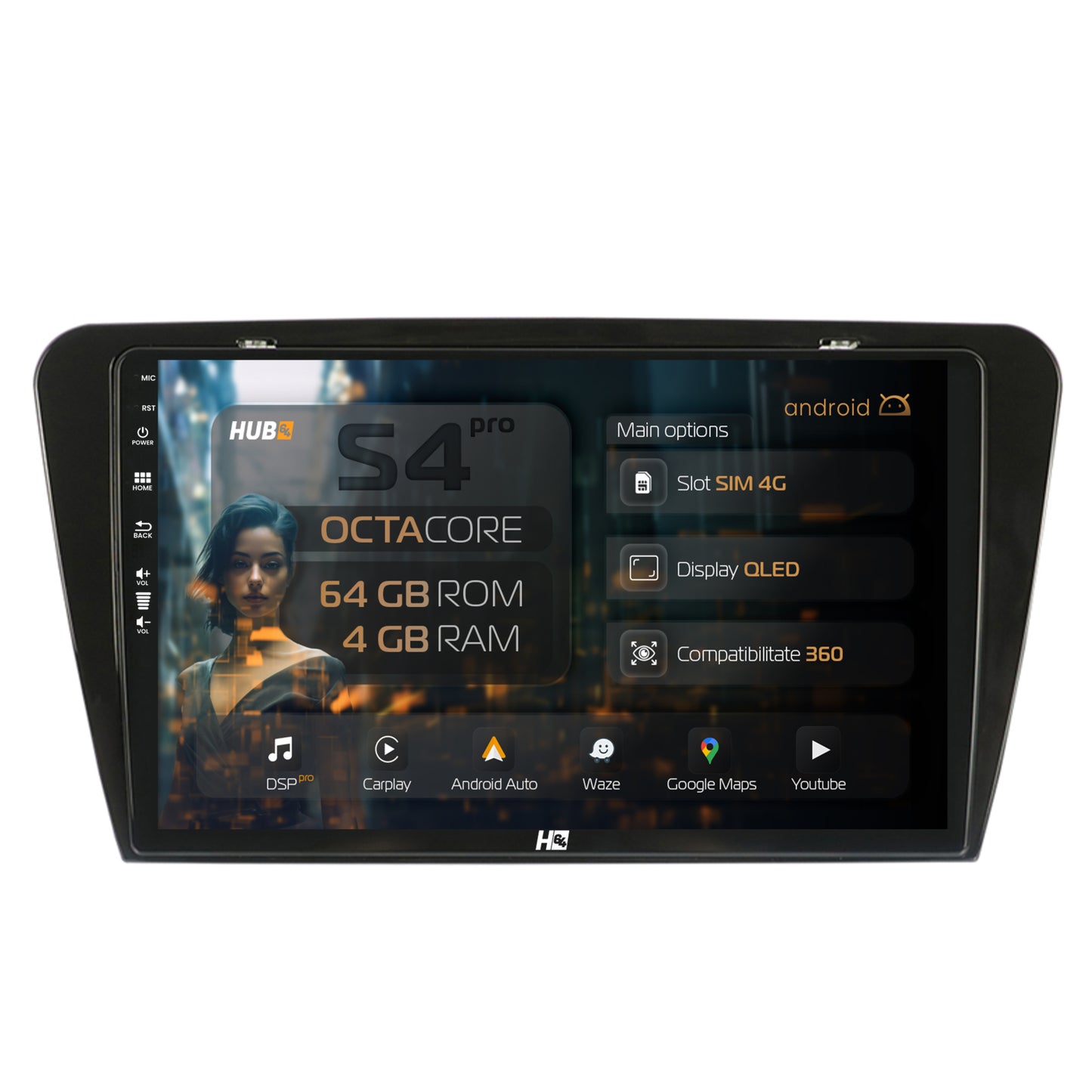 Navigatie HUB64 Skoda Octavia 3 (2013-2018), 4GB RAM, Android, Octacore, Slot Sim 4G, DSP, GPS, Wi-FI, Carplay, Android Auto, USB, Bluetooth, Waze, Touchscreen, 10.1 Inch