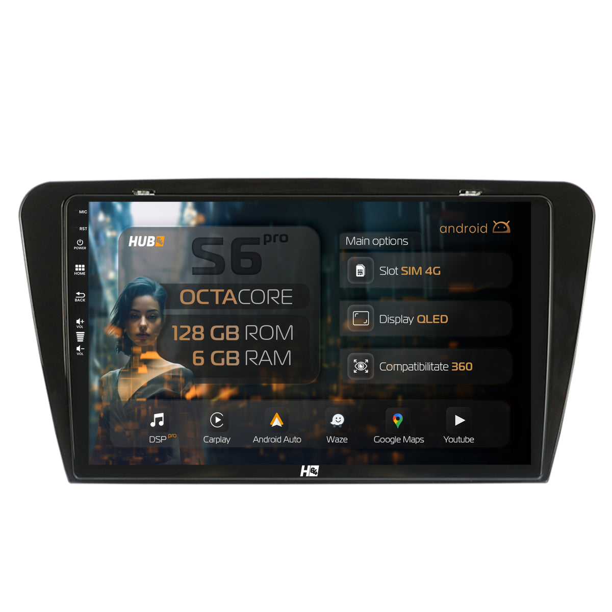 Navigatie HUB64 Skoda Octavia 3 (2013-2018), 6GB RAM, Android, Octacore, Slot Sim 4G, DSP, GPS, Wi-FI, Carplay, Android Auto, USB, Bluetooth, Waze, Touchscreen, 10.1 Inch