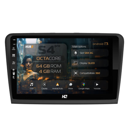 Navigatie HUB64 Skoda Superb 2 (2008-2015), 4GB RAM, Android, Octacore, Slot Sim 4G, DSP, GPS, Wi-FI, Carplay, Android Auto, USB, Bluetooth, Waze, Touchscreen, 10.1 Inch