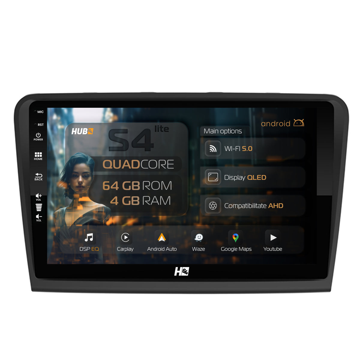 Navigatie HUB64 Skoda Superb 2 (2008-2015), 4GB RAM, Android, Quadcore, DSP, GPS, Wi-FI, Carplay, Android Auto, USB, Bluetooth, Waze, Touchscreen, 10.1 Inch