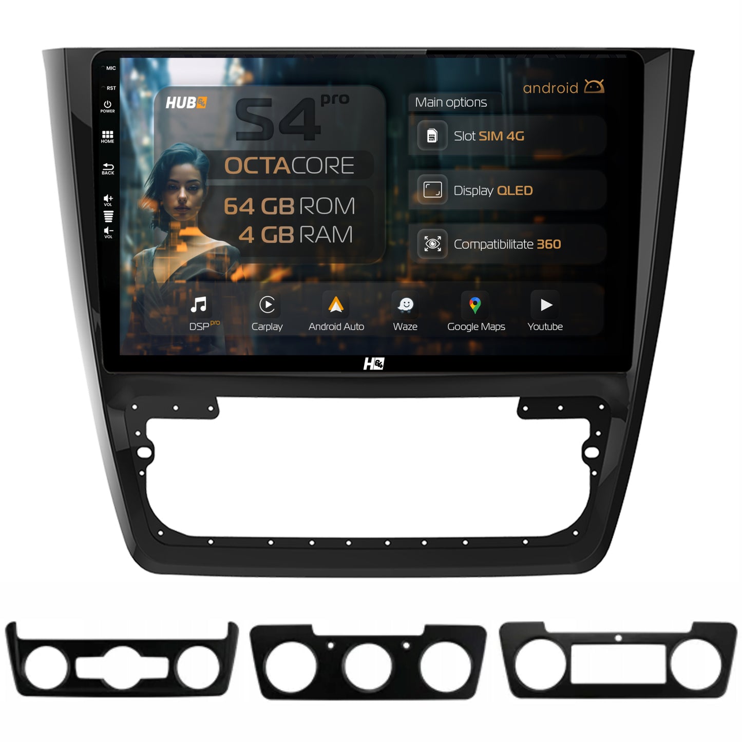Navigatie HUB64 Skoda Yeti, 4GB RAM, Android, Octacore, Slot Sim 4G, DSP, GPS, Wi-FI, Carplay, Android Auto, USB, Bluetooth, Waze, Touchscreen, 10.1 Inch