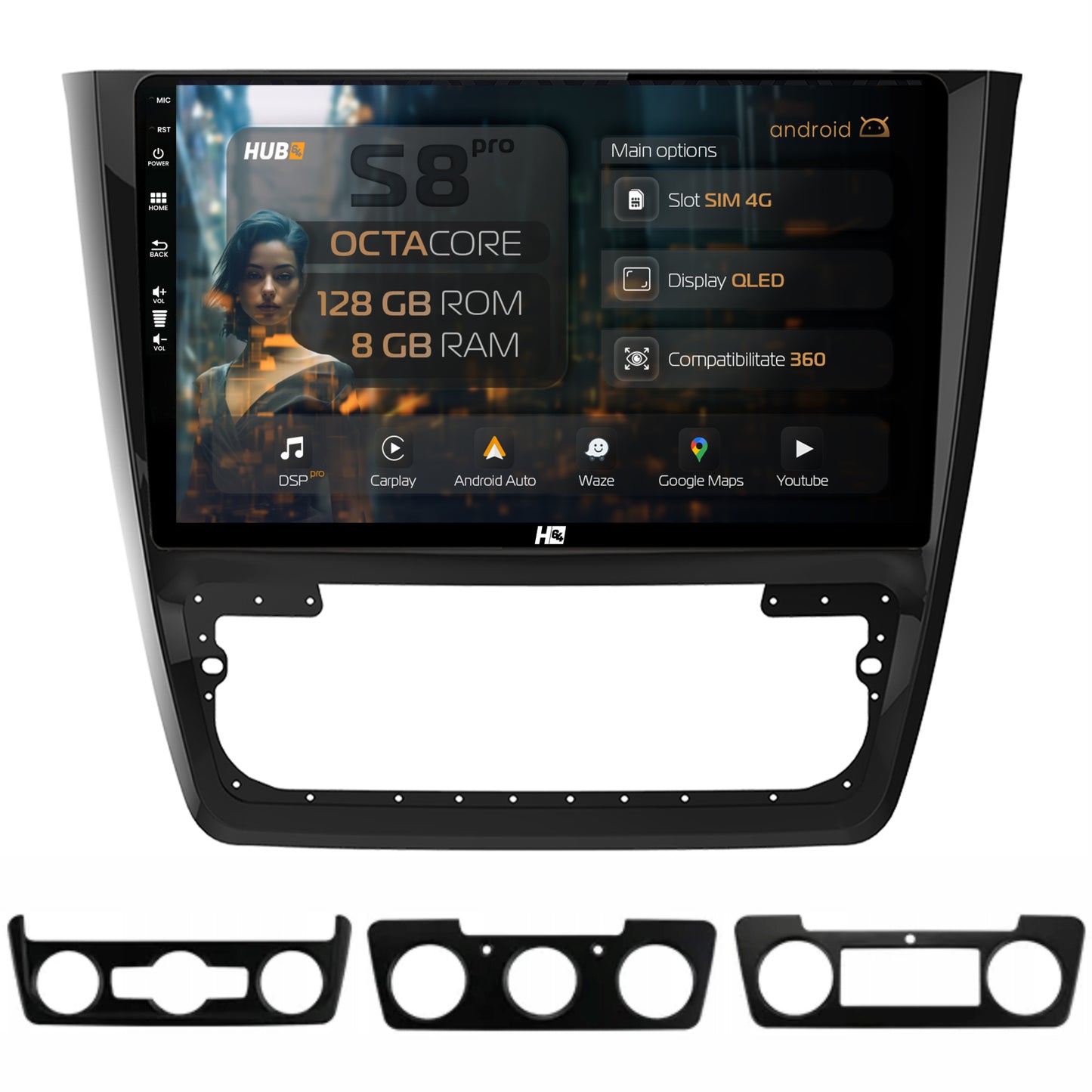 Navigatie HUB64 Skoda Yeti, 8GB RAM, Android, Octacore, Slot Sim 4G, DSP, GPS, Wi-FI, Carplay, Android Auto, USB, Bluetooth, Waze, Touchscreen, 10.1 Inch