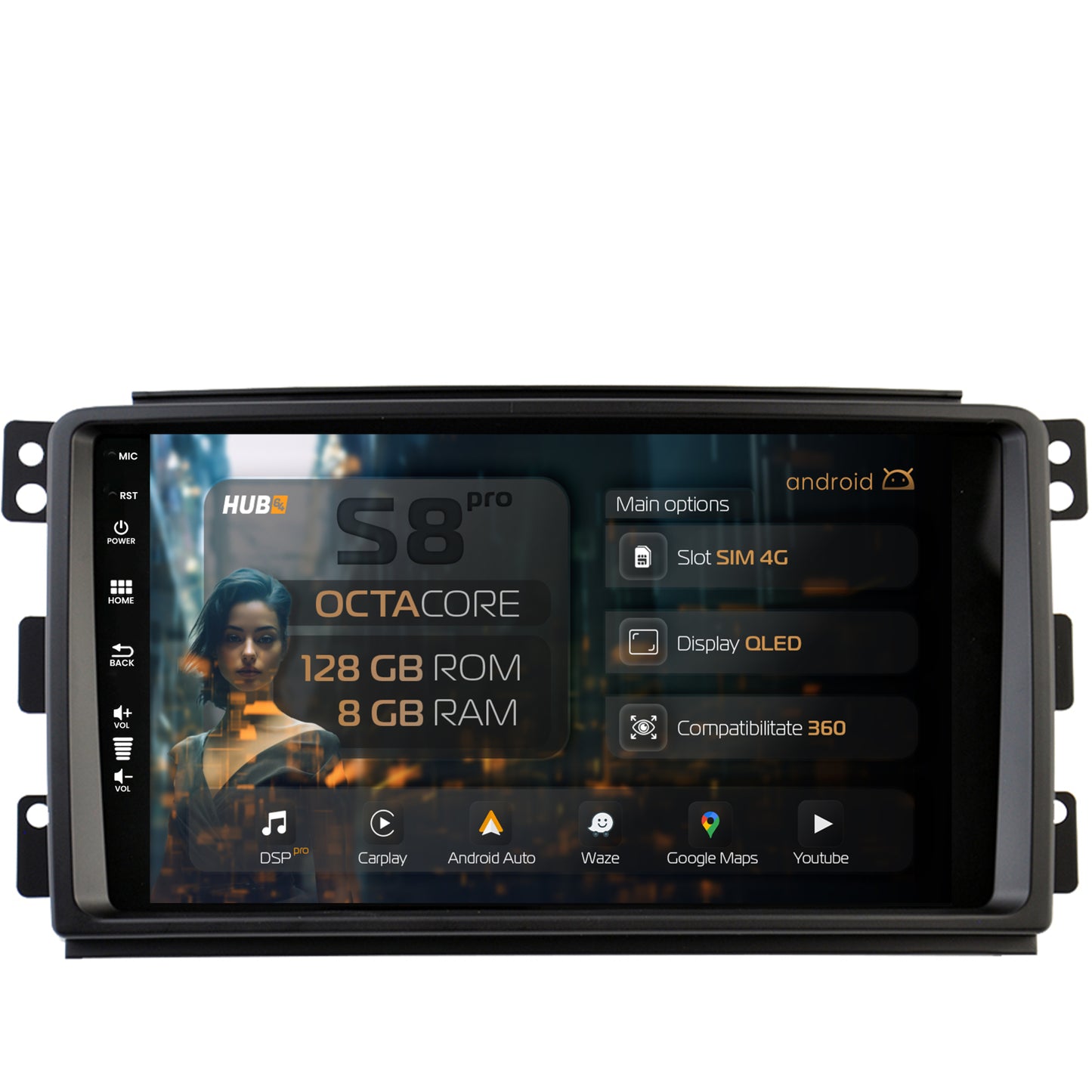 Navigatie HUB64 Smart For Two (2007-2010), 8GB RAM, Android, Octacore, Slot Sim 4G, DSP, GPS, Wi-FI, Carplay, Android Auto, USB, Bluetooth, Waze, Touchscreen, 9 Inch