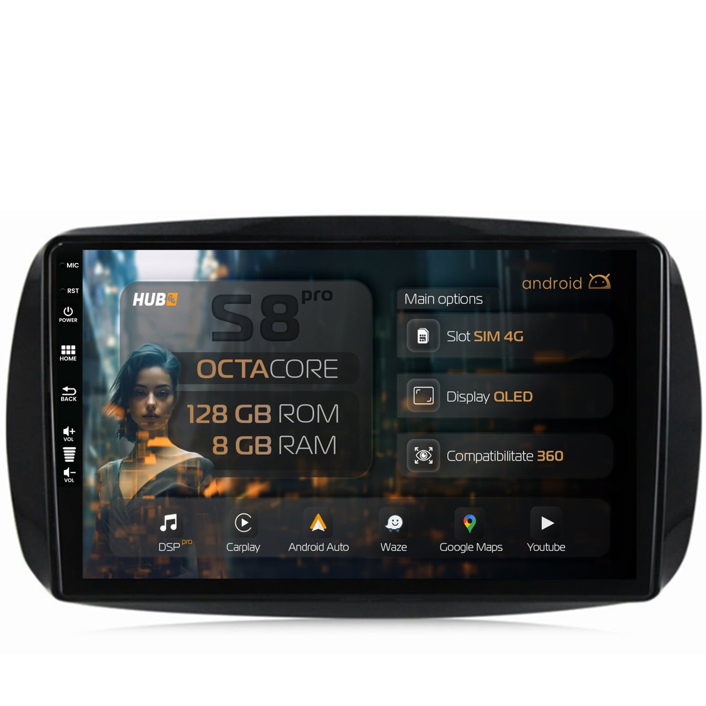 Navigatie HUB64 Smart For Two (2016-Prezent), 8GB RAM, Android, Octacore, Slot Sim 4G, DSP, GPS, Wi-FI, Carplay, Android Auto, USB, Bluetooth, Waze, Touchscreen, 9 Inch