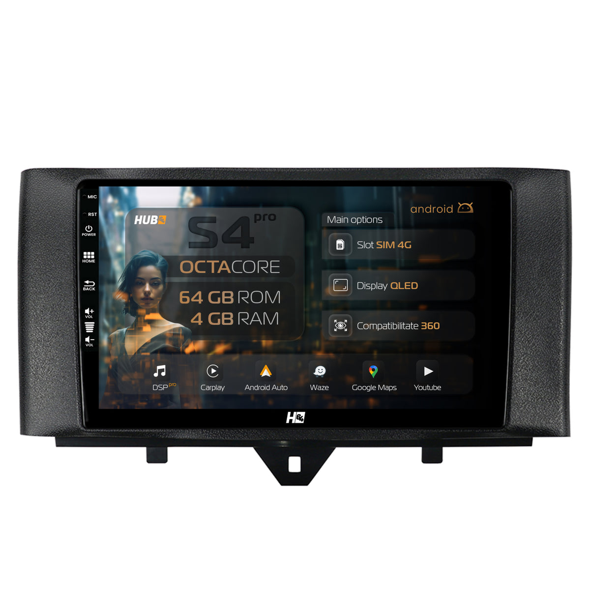 Navigatie HUB64 Smart Fortwo (2010-2015), 4GB RAM, Android, Octacore, Slot Sim 4G, DSP, GPS, Wi-FI, Carplay, Android Auto, USB, Bluetooth, Waze, Touchscreen, 9 inch