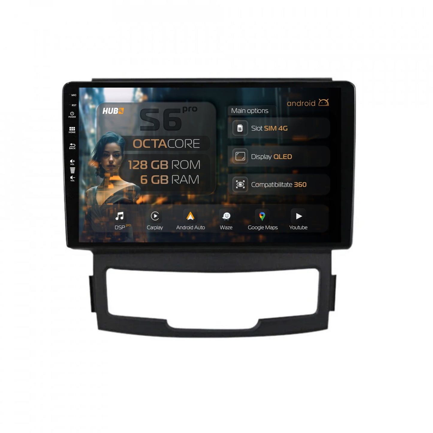 Navigatie HUB64 Ssang Yong Korando (2010-2013), 6GB RAM, Android, Octacore, Slot Sim 4G, DSP, GPS, Wi-FI, Carplay, Android Auto, USB, Bluetooth, Waze, Touchscreen, 9 Inch