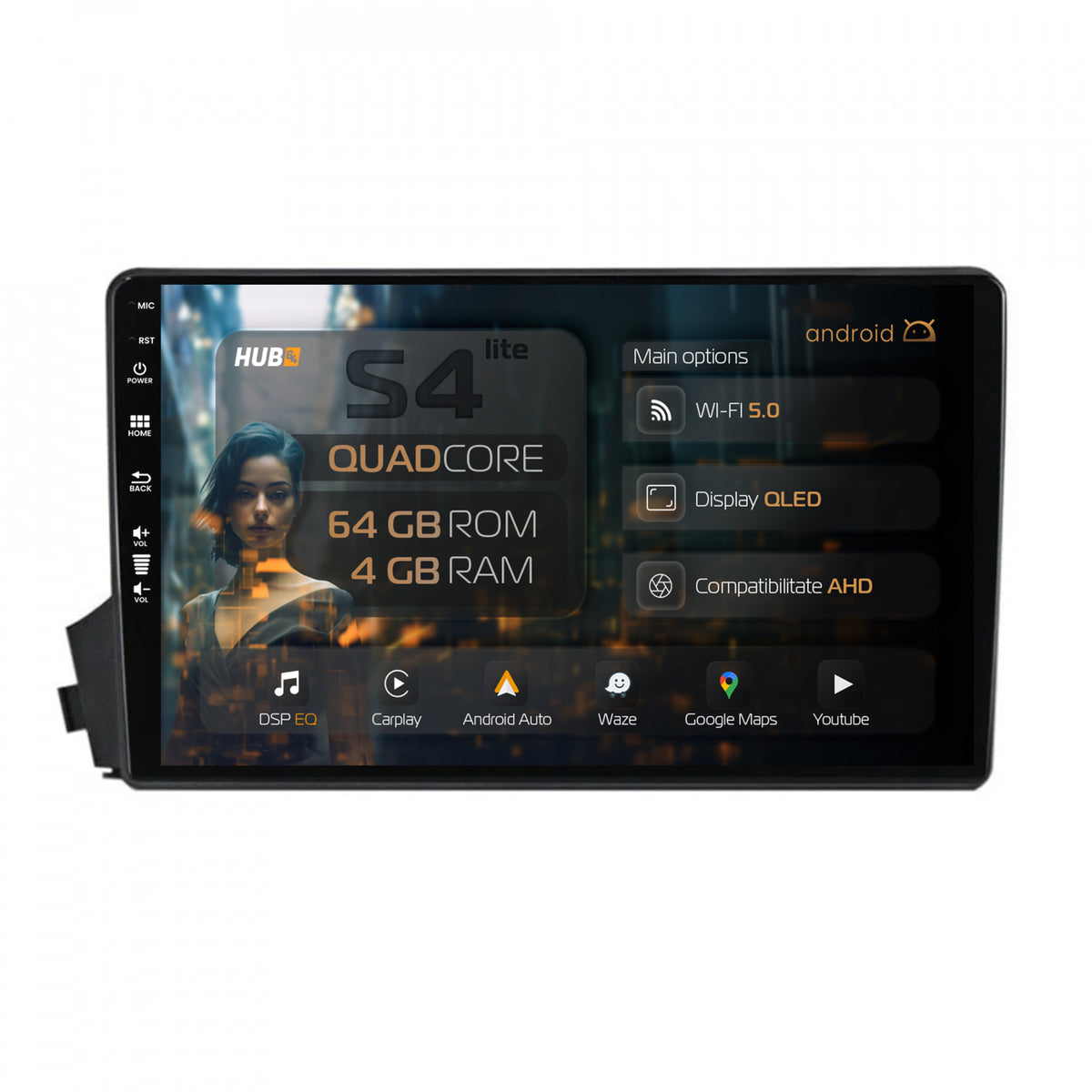 Navigatie HUB64 Ssangyong Actyon-Kyron (2005-2011), 4GB RAM, Android, Quadcore, DSP, GPS, Wi-FI, Carplay, Android Auto, USB, Bluetooth, Waze, Touchscreen, 9 inch