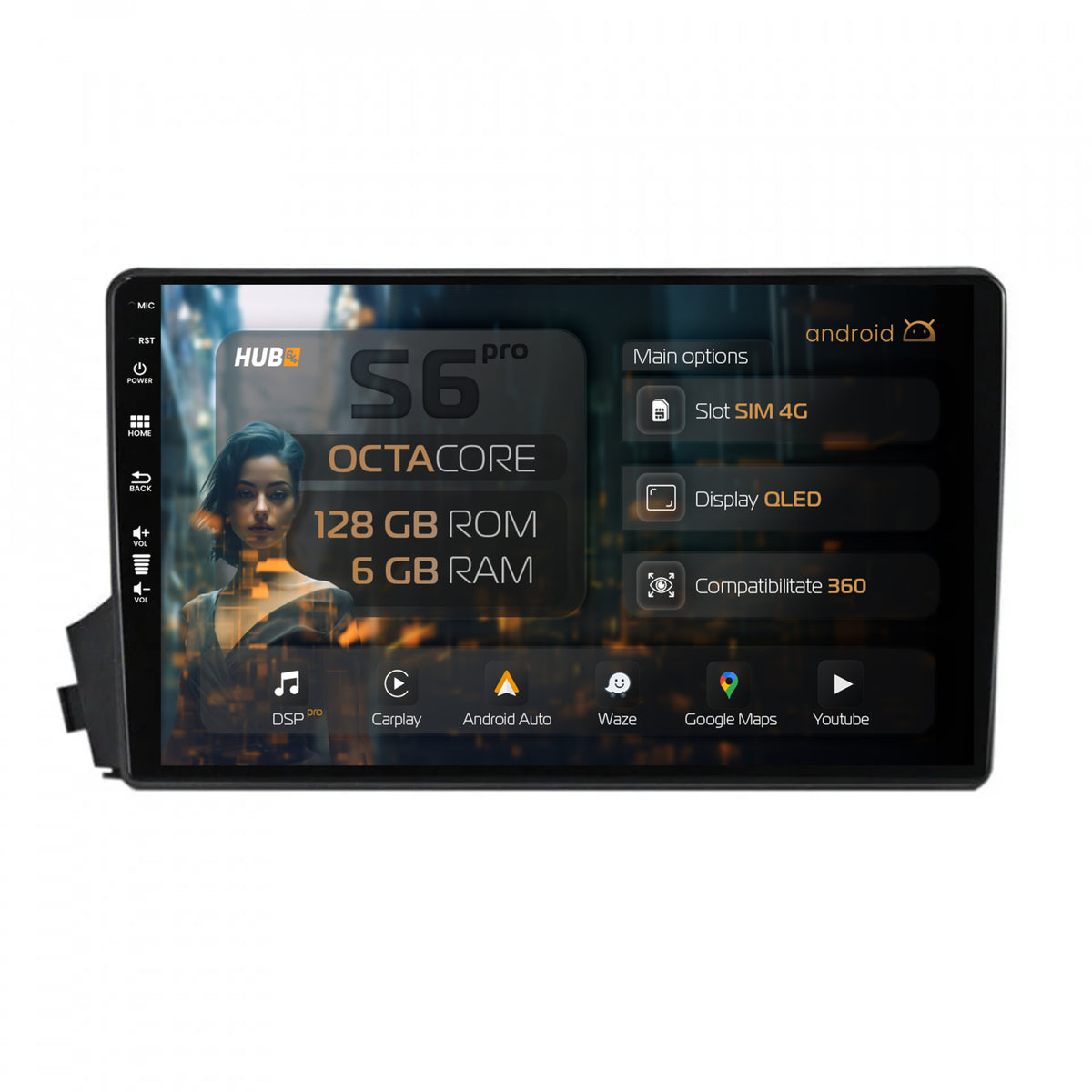 Navigatie HUB64 Ssangyong Actyon-Kyron (2005-2011), 6GB RAM, Android, Octacore, Slot Sim 4G, DSP, GPS, Wi-FI, Carplay, Android Auto, USB, Bluetooth, Waze, Touchscreen, 9 Inch