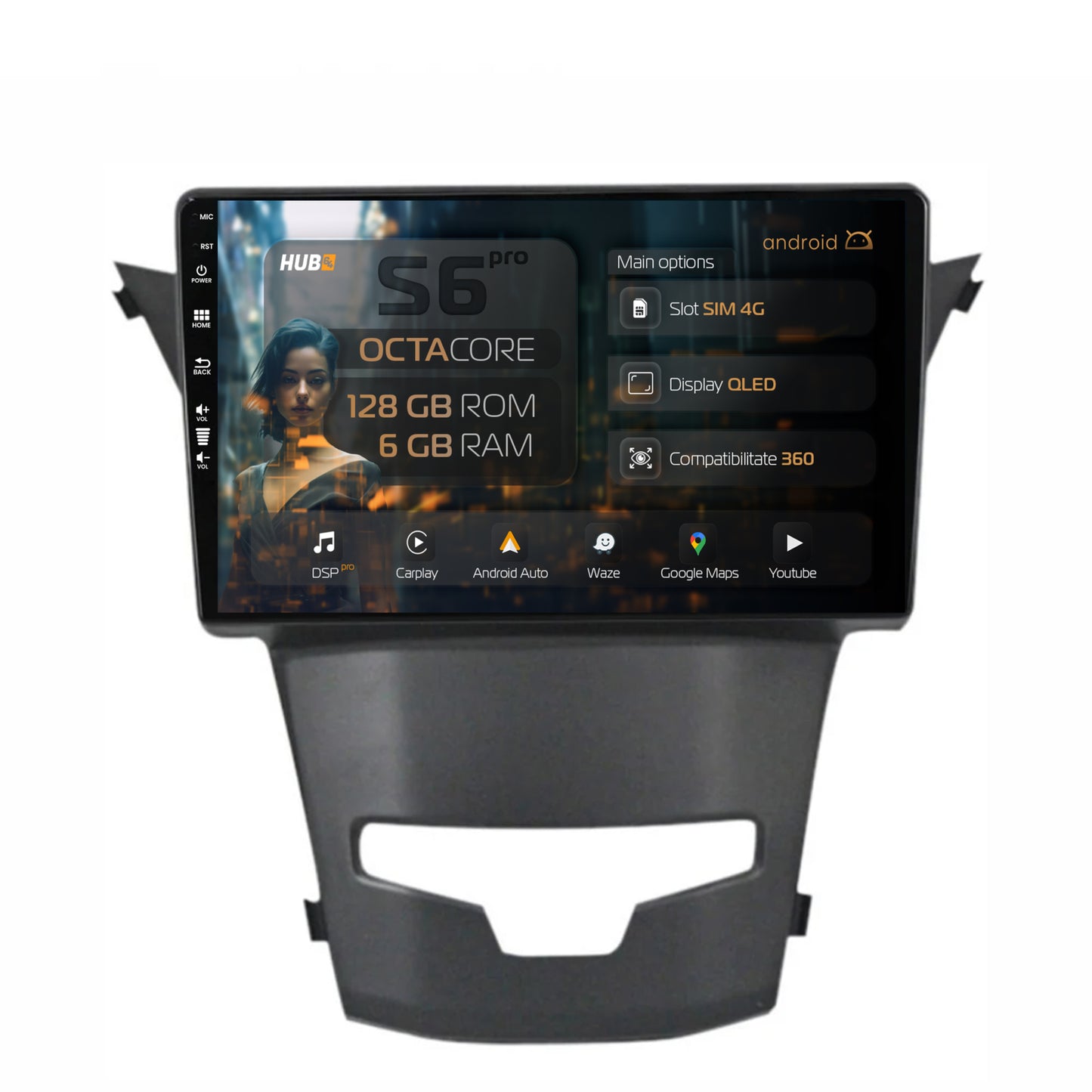 Navigatie HUB64 Ssangyong Korando (2013-2019), 6GB RAM, Android, Octacore, Slot Sim 4G, DSP, GPS, Wi-FI, Carplay, Android Auto, USB, Bluetooth, Waze, Touchscreen, 9 Inch