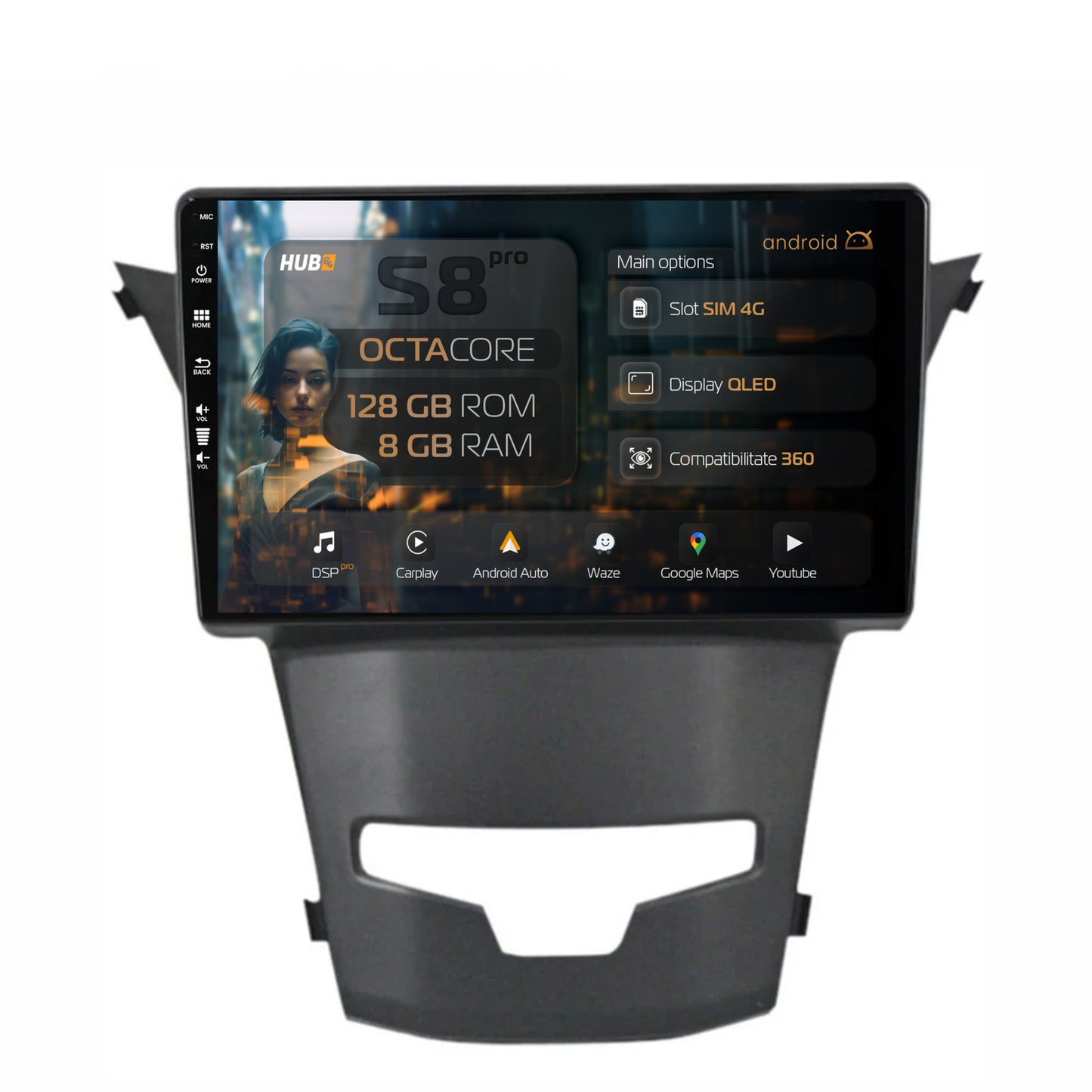 Navigatie HUB64 Ssangyong Korando (2013-2019), 8GB RAM, Android, Octacore, Slot Sim 4G, DSP, GPS, Wi-FI, Carplay, Android Auto, USB, Bluetooth, Waze, Touchscreen, 9 Inch