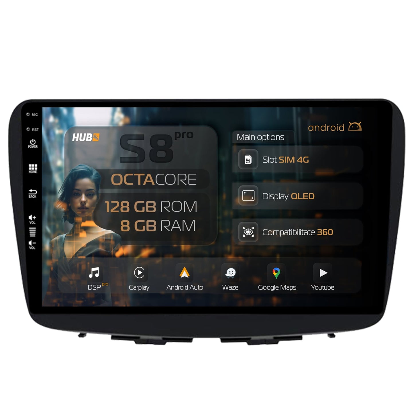 Navigatie HUB64 Suzuki Baleno, 8GB RAM, Android, Octacore, Slot Sim 4G, DSP, GPS, Wi-FI, Carplay, Android Auto, USB, Bluetooth, Waze, Touchscreen, 9 Inch