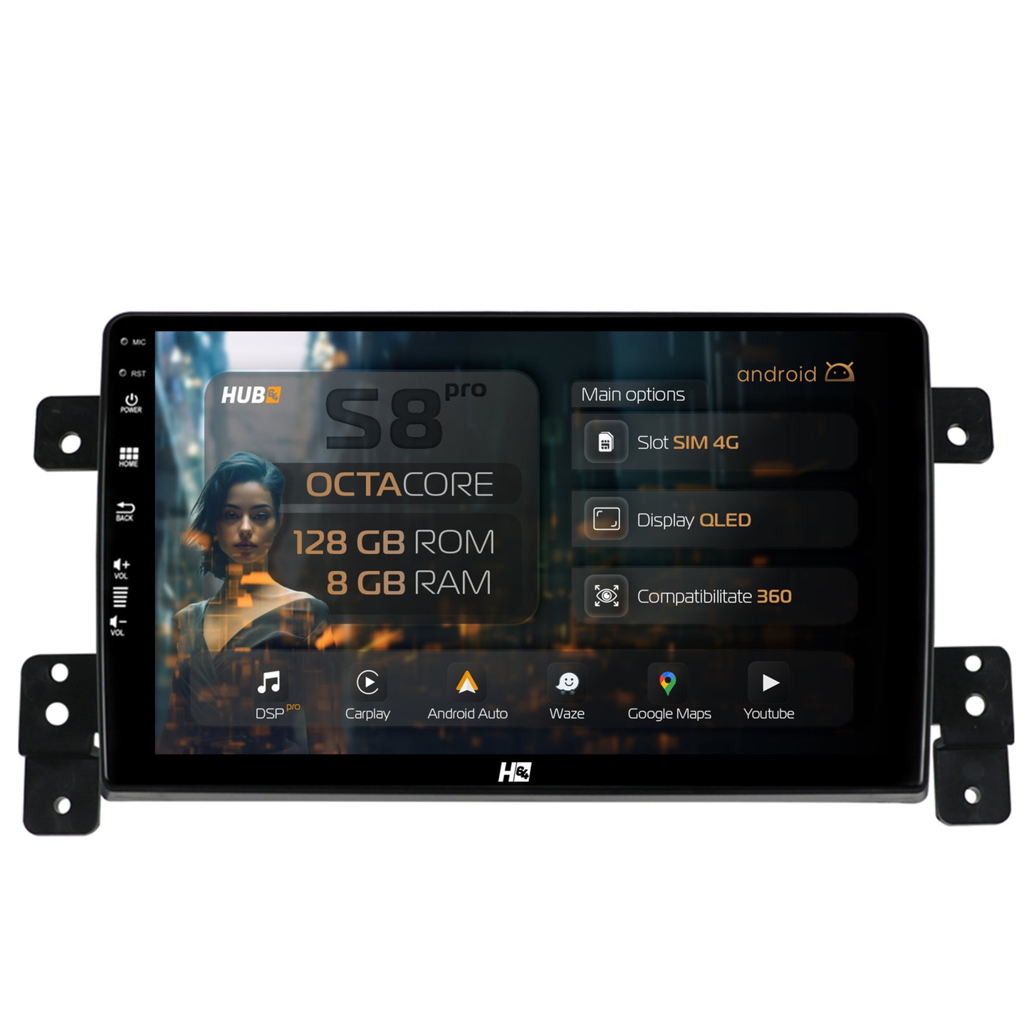 Navigatie HUB64 Suzuki Grand Vitara (2005-2015), 8GB RAM, Android, Octacore, Slot Sim 4G, DSP, GPS, Wi-FI, Carplay, Android Auto, USB, Bluetooth, Waze, Touchscreen, 9 Inch
