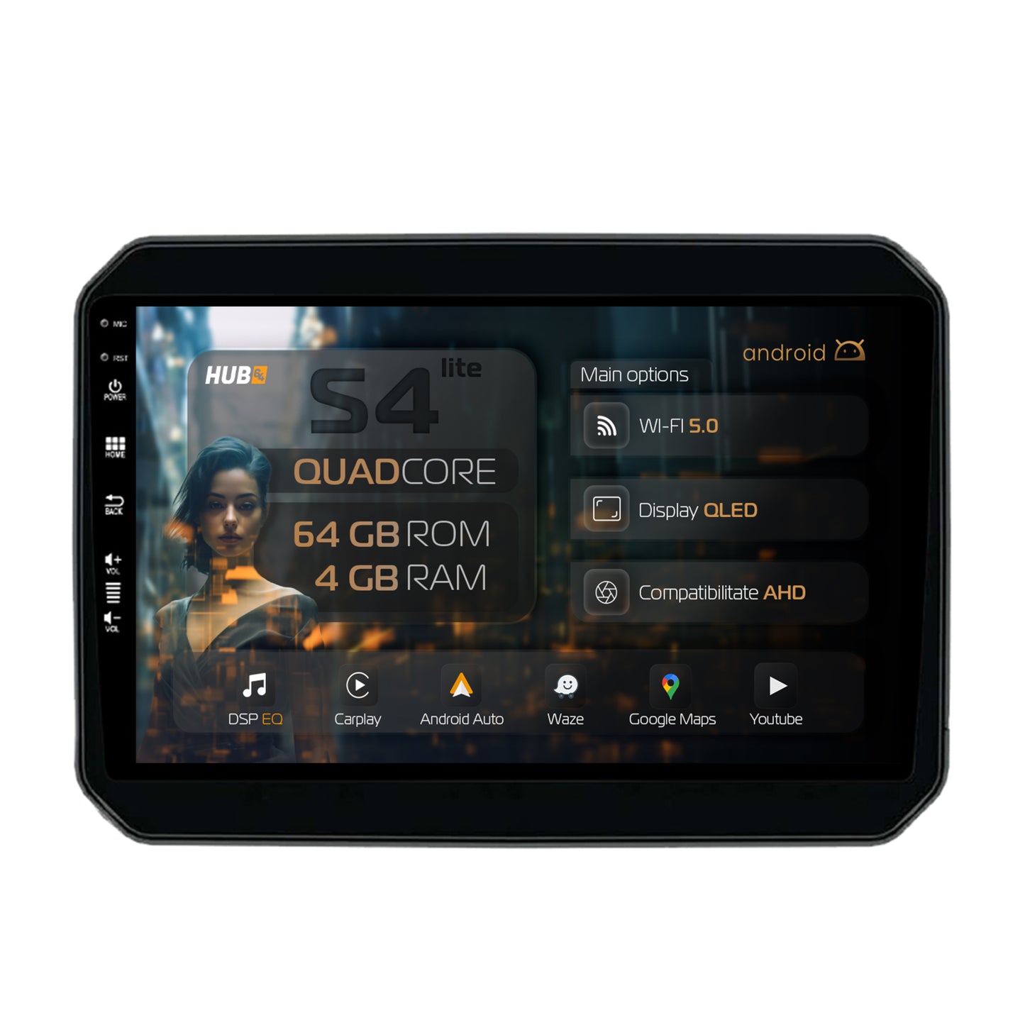 Navigatie HUB64 Suzuki Ignis (2016+), 4GB RAM, Android, Quadcore, DSP, GPS, Wi-FI, Carplay, Android Auto, USB, Bluetooth, Waze, Touchscreen, 9 inch