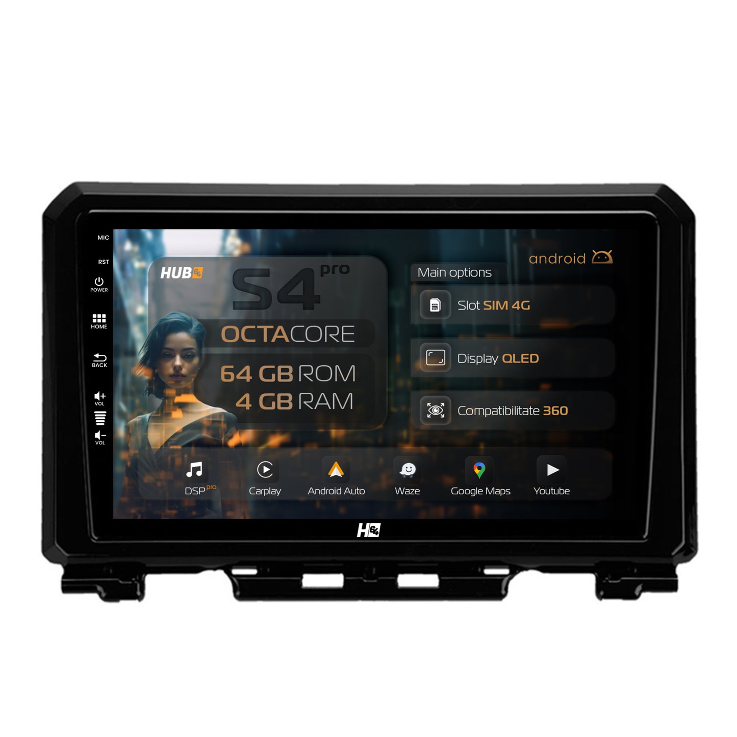 Navigatie HUB64 Suzuki Jimny (2018-2022), 4GB RAM, Android, Octacore, Slot Sim 4G, DSP, GPS, Wi-FI, Carplay, Android Auto, USB, Bluetooth, Waze, Touchscreen, 9 inch