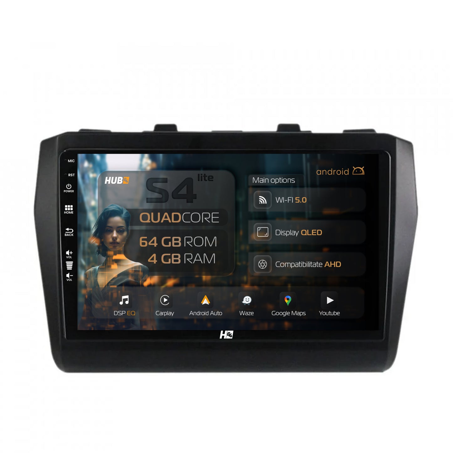 Navigatie HUB64 Suzuki Swift (2017+), 4GB RAM, Android, Quadcore, DSP, GPS, Wi-FI, Carplay, Android Auto, USB, Bluetooth, Waze, Touchscreen, 9 inch
