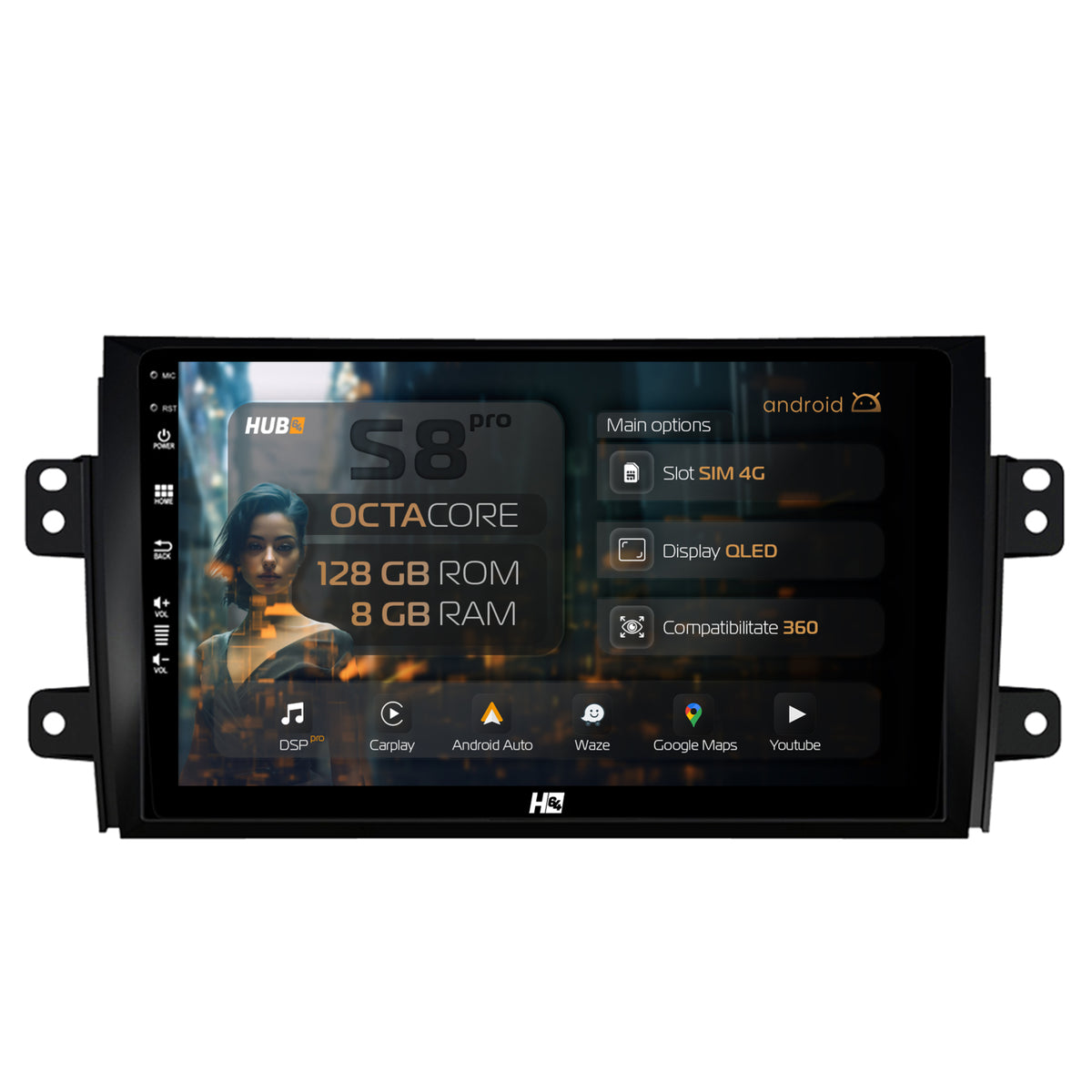 Navigatie HUB64 Suzuki SX4 / Fiat Sedici, 8GB RAM, Android, Octacore, Slot Sim 4G, DSP, GPS, Wi-FI, Carplay, Android Auto, USB, Bluetooth, Waze, Touchscreen, 9 Inch