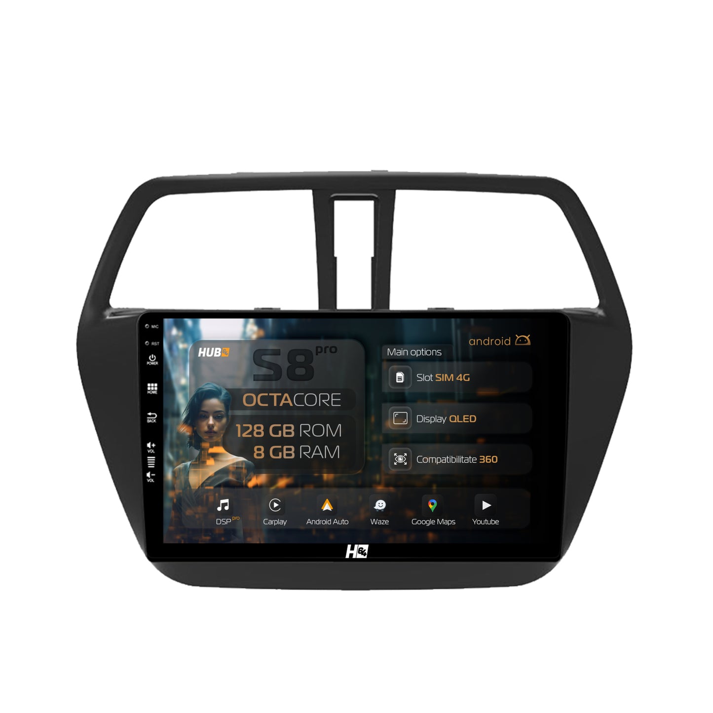 Navigatie HUB64 Suzuki SX4 S-Cross (2014-2020), 8GB RAM, Android, Octacore, Slot Sim 4G, DSP, GPS, Wi-FI, Carplay, Android Auto, USB, Bluetooth, Waze, Touchscreen, 9 Inch
