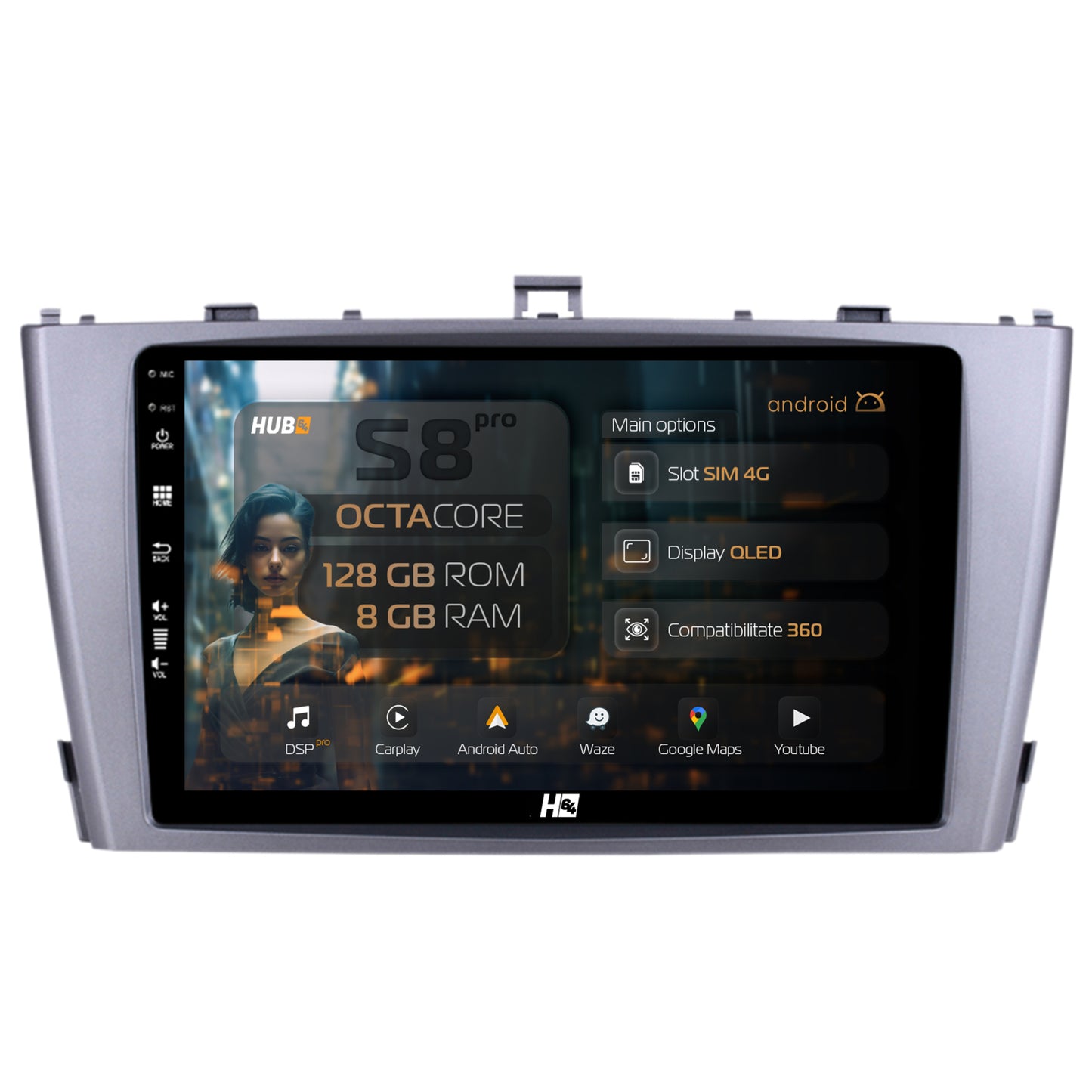 Navigatie HUB64 Toyota Avensis (2008-2015), 8GB RAM, Android, Octacore, Slot Sim 4G, DSP, GPS, Wi-FI, Carplay, Android Auto, USB, Bluetooth, Waze, Touchscreen, 9 Inch
