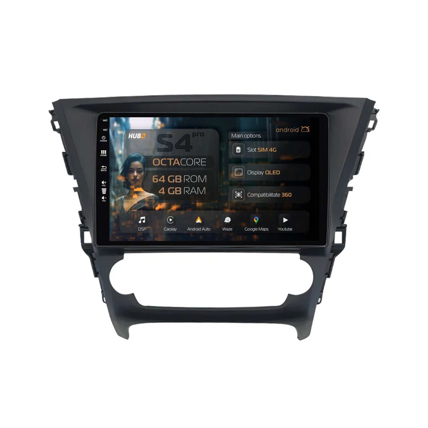 Navigatie HUB64 Toyota Avensis (2015-2018), 4GB RAM, Android, Octacore, Slot Sim 4G, DSP, GPS, Wi-FI, Carplay, Android Auto, USB, Bluetooth, Waze, Touchscreen, 10.1 inch