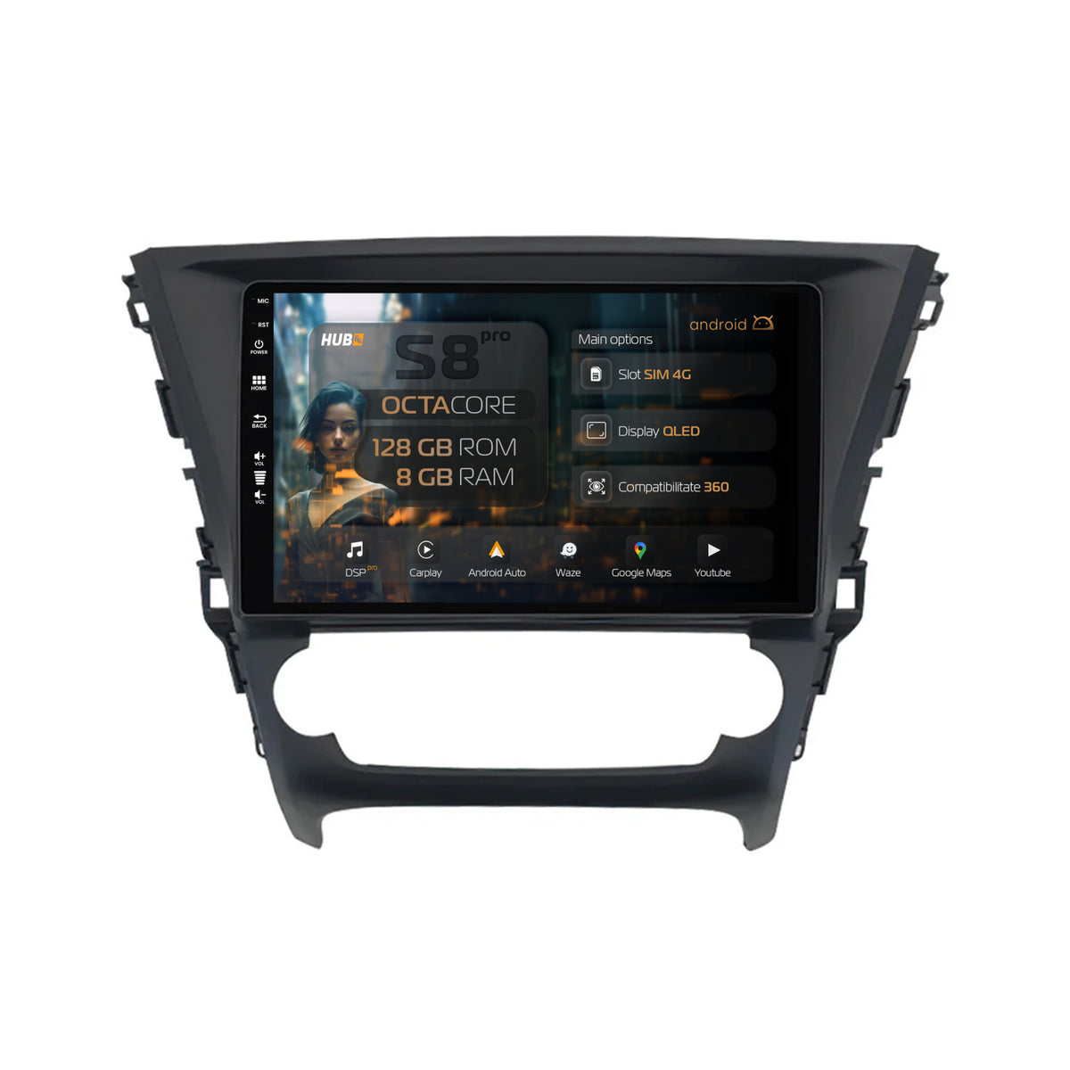 Navigatie HUB64 Toyota Avensis (2015-2018), 8GB RAM, Android, Octacore, Slot Sim 4G, DSP, GPS, Wi-FI, Carplay, Android Auto, USB, Bluetooth, Waze, Touchscreen, 10.1 Inch