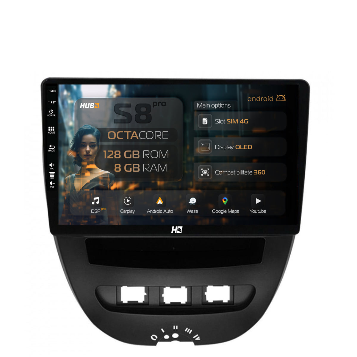 Navigatie HUB64 Toyota AYGO / Citroen C1 (2005-2014), 8GB RAM, Android, Octacore, Slot Sim 4G, DSP, GPS, Wi-FI, Carplay, Android Auto, USB, Bluetooth, Waze, Touchscreen, 10.1 Inch