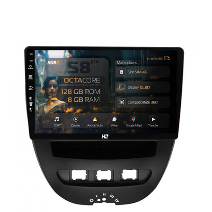 Navigatie HUB64 Toyota AYGO / Citroen C1 (2005-2014), 8GB RAM, Android, Octacore, Slot Sim 4G, DSP, GPS, Wi-FI, Carplay, Android Auto, USB, Bluetooth, Waze, Touchscreen, 10.1 Inch
