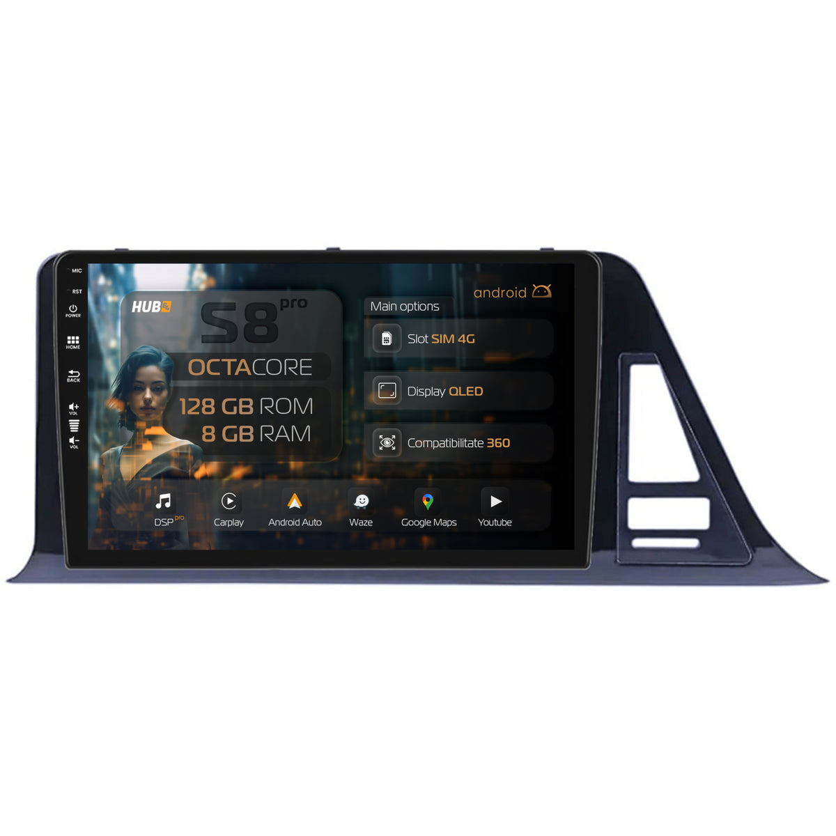 Navigatie HUB64 Toyota CHR (2016-2020), 8GB RAM, Android, Octacore, Slot Sim 4G, DSP, GPS, Wi-FI, Carplay, Android Auto, USB, Bluetooth, Waze, Touchscreen, 9 Inch