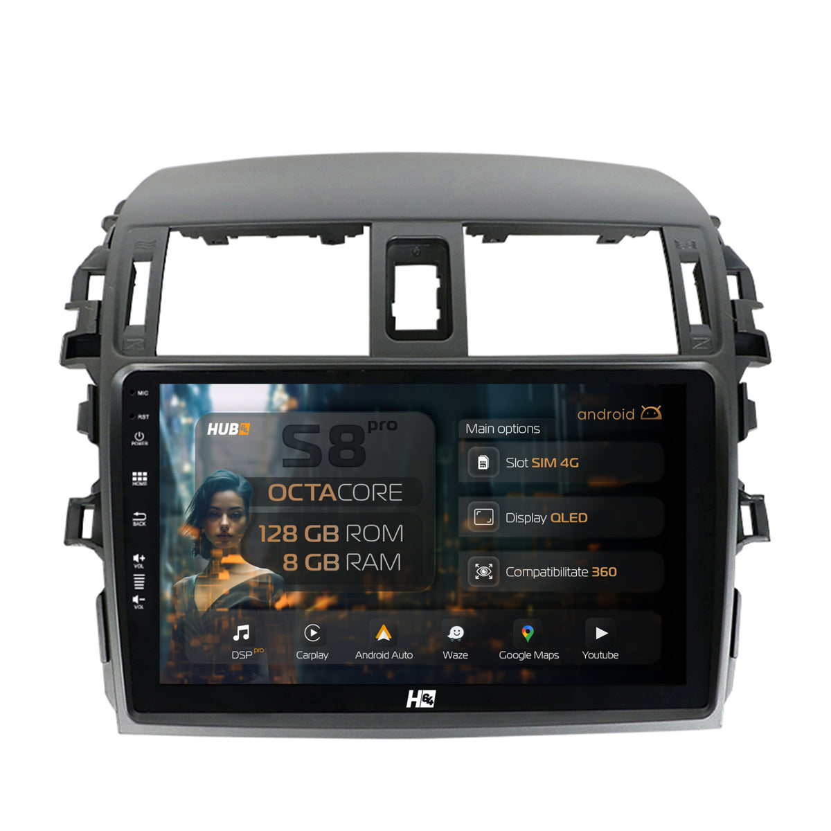 Navigatie HUB64 Toyota Corolla (2007-2013), 8GB RAM, Android, Octacore, Slot Sim 4G, DSP, GPS, Wi-FI, Carplay, Android Auto, USB, Bluetooth, Waze, Touchscreen, 9 Inch